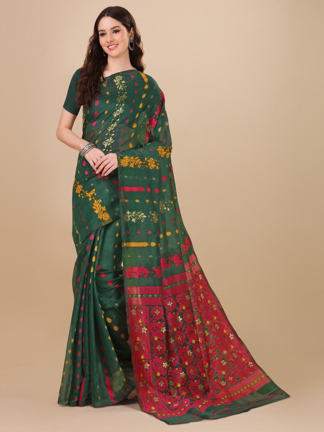 

BESUCHER Ethnic Motifs Zari Silk Cotton Jamdani Saree, Green