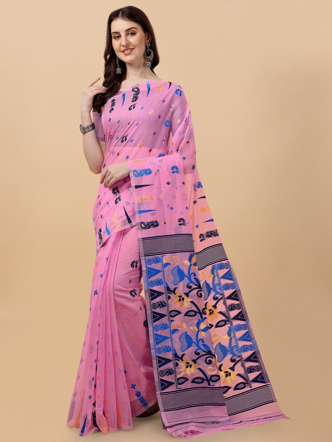 

BESUCHER Woven Design Zari Silk Cotton Jamdani Saree, Pink