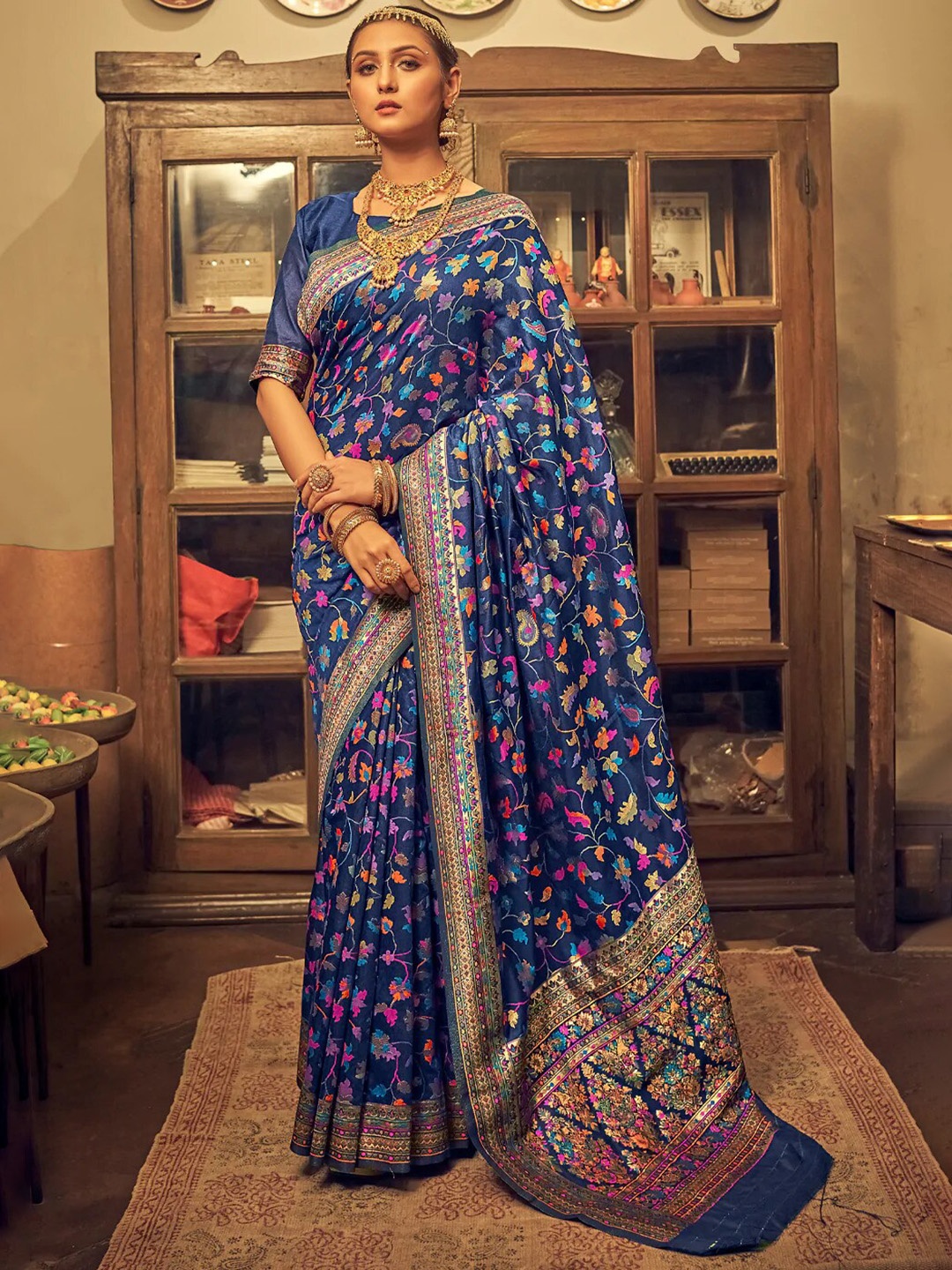 

GAJARAI Woven Design Zari Silk Blend Banarasi Saree, Blue