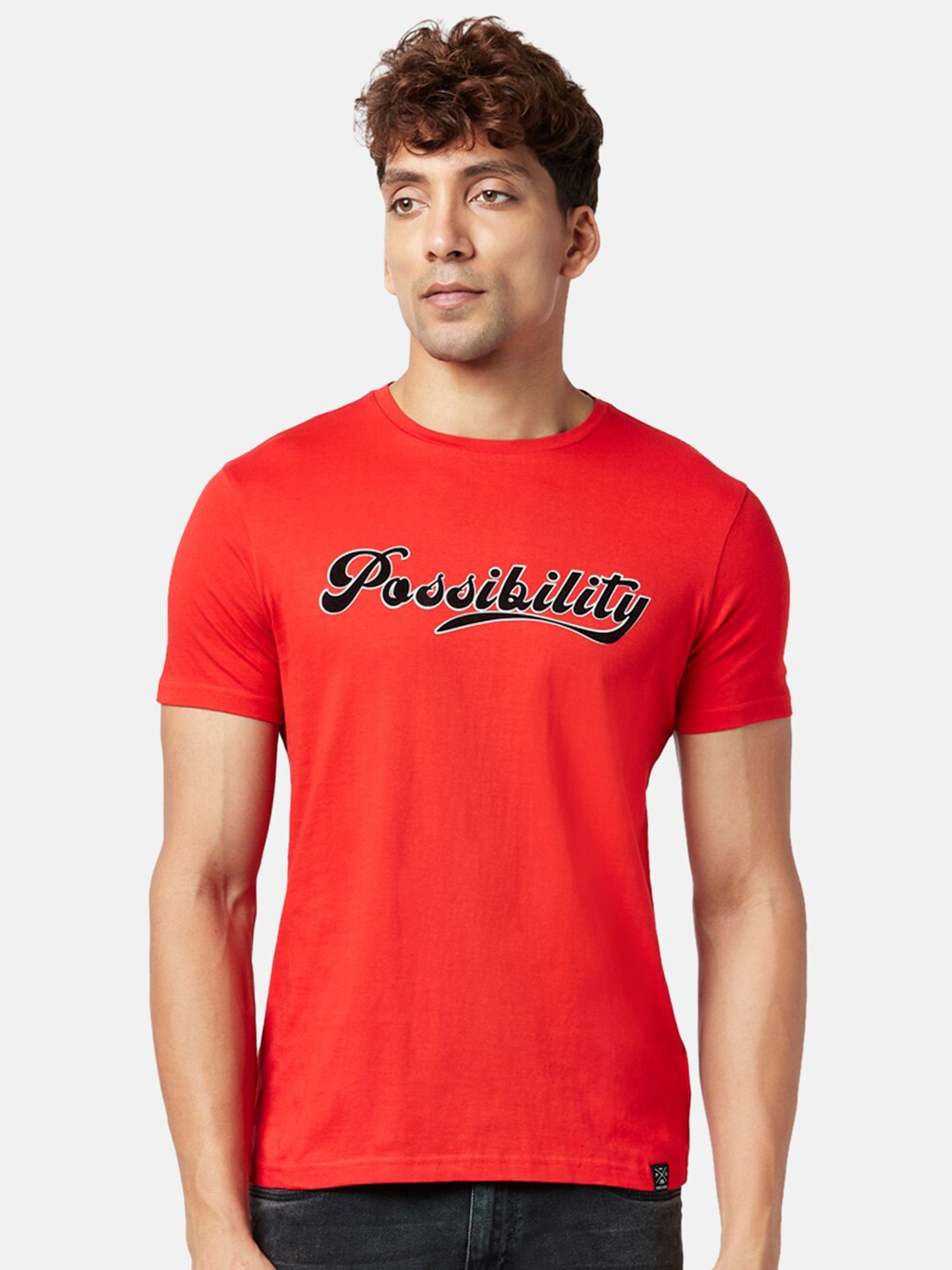 

People Men Typography Printed Slim Fit Cotton T-shirt, Red