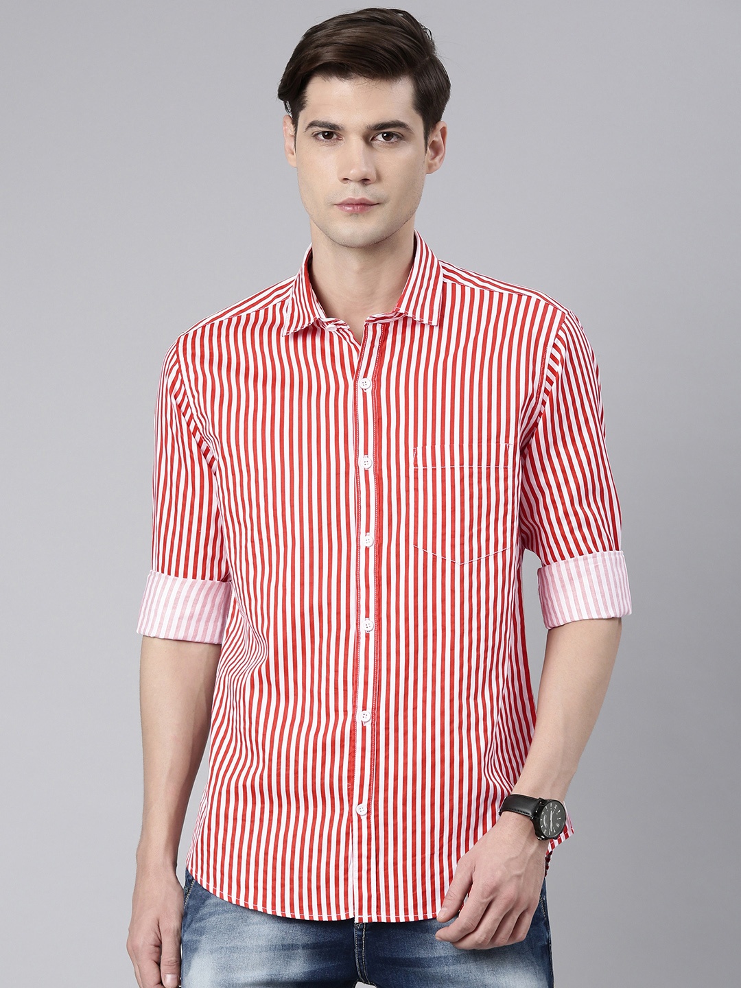 

DEZANO Standard Satin Vertical Stripes Casual Shirt, Red