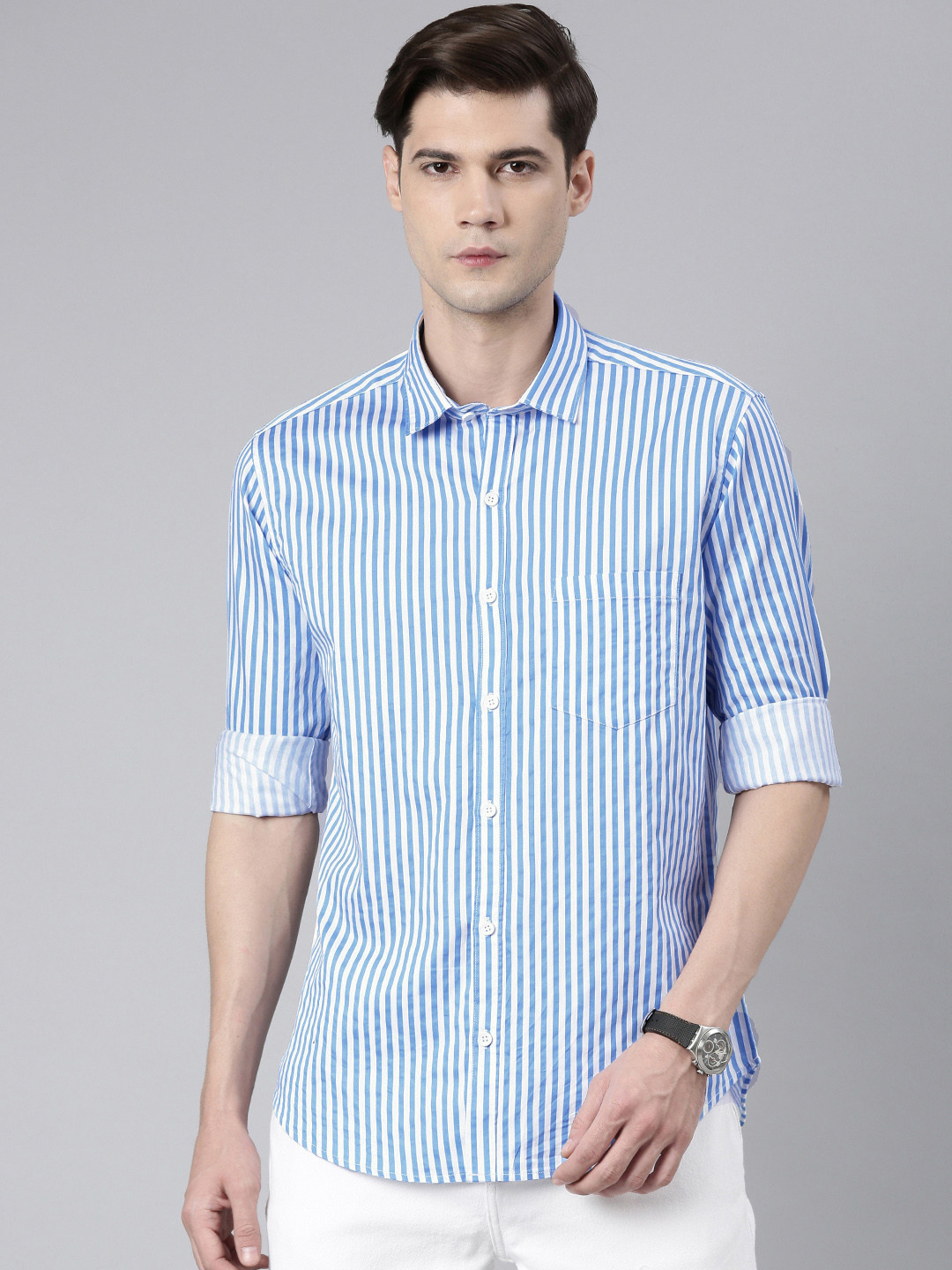 

DEZANO Standard Satin Vertical Stripes Casual Shirt, Blue