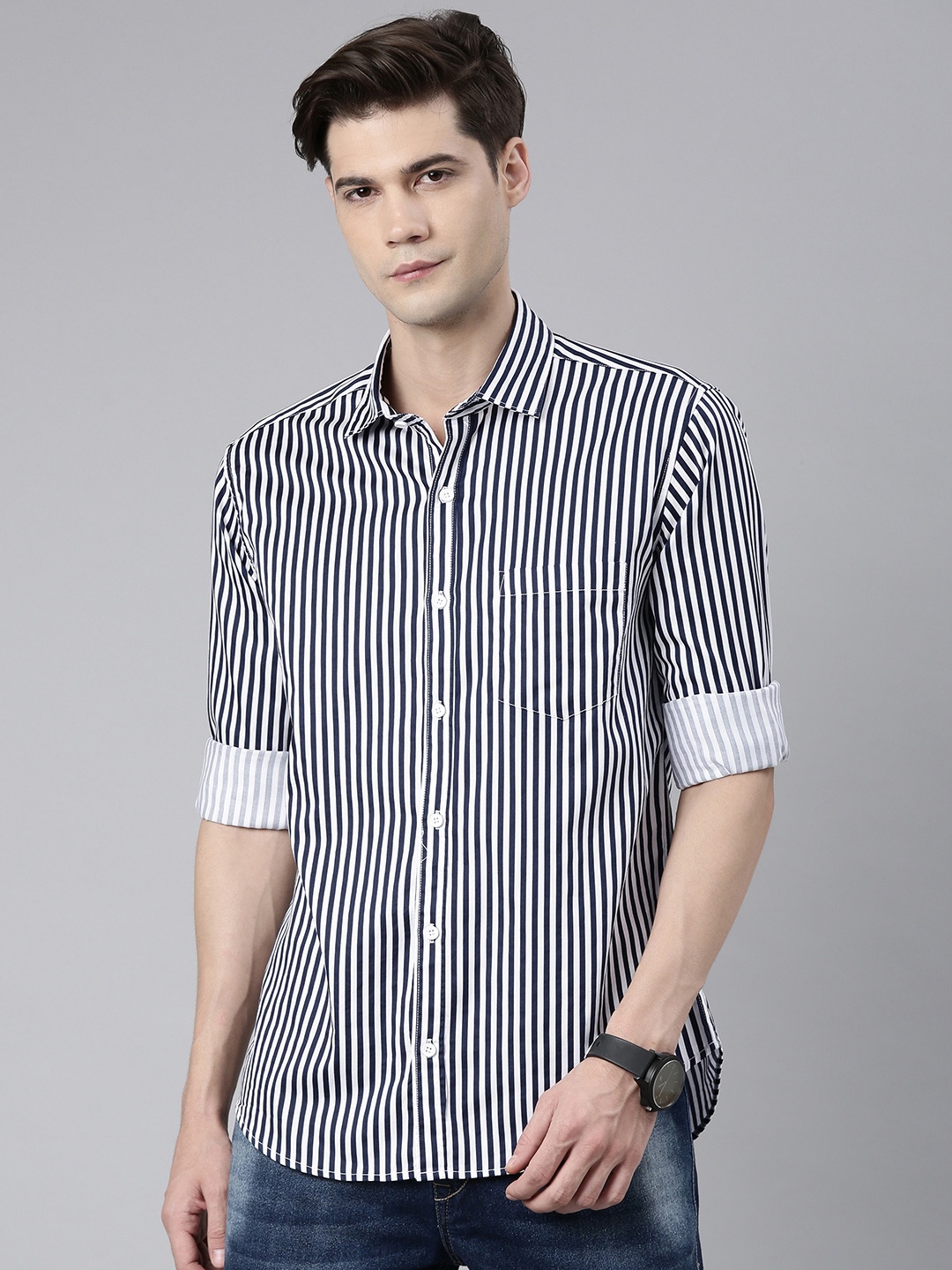 

DEZANO Standard Satin Vertical Stripes Casual Shirt, Black