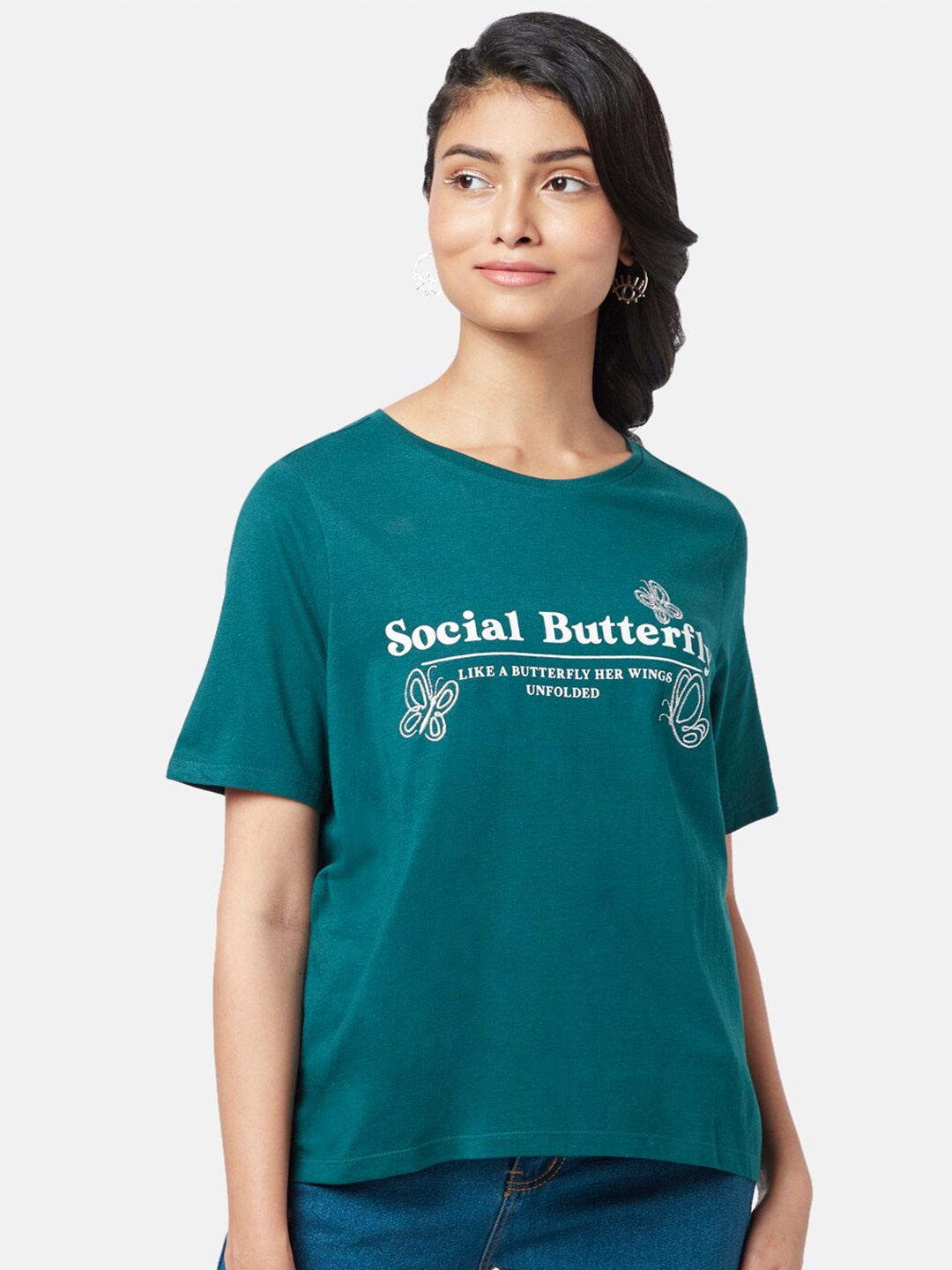 

People Women Typography Printed Cotton T-shirt, Green
