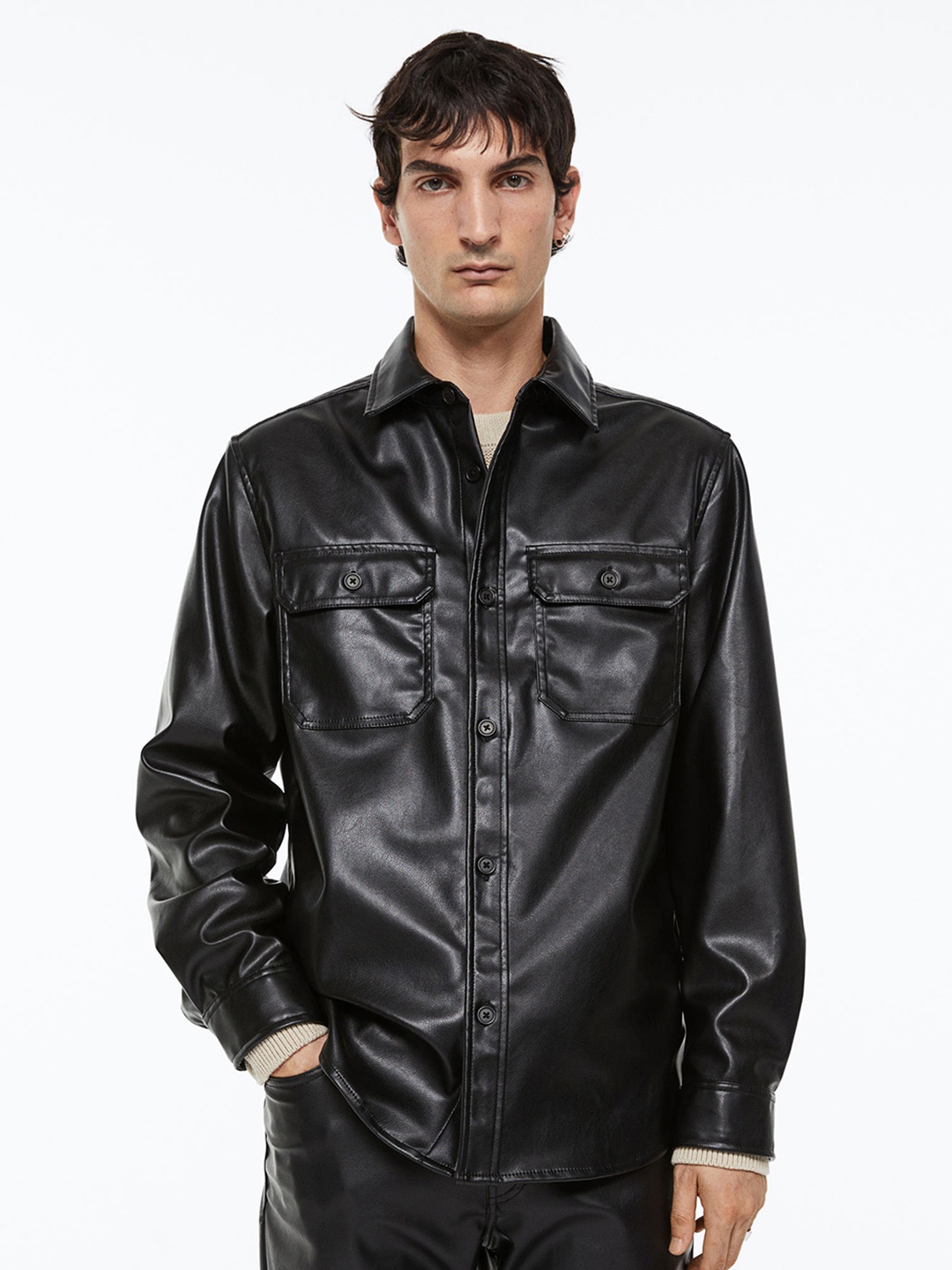 

H&M Men Coated Overshirt, Black