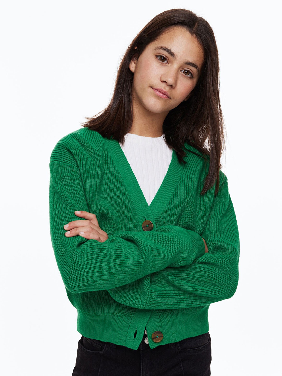 

H&M Girls Rib-knit Cotton Cardigan, Green