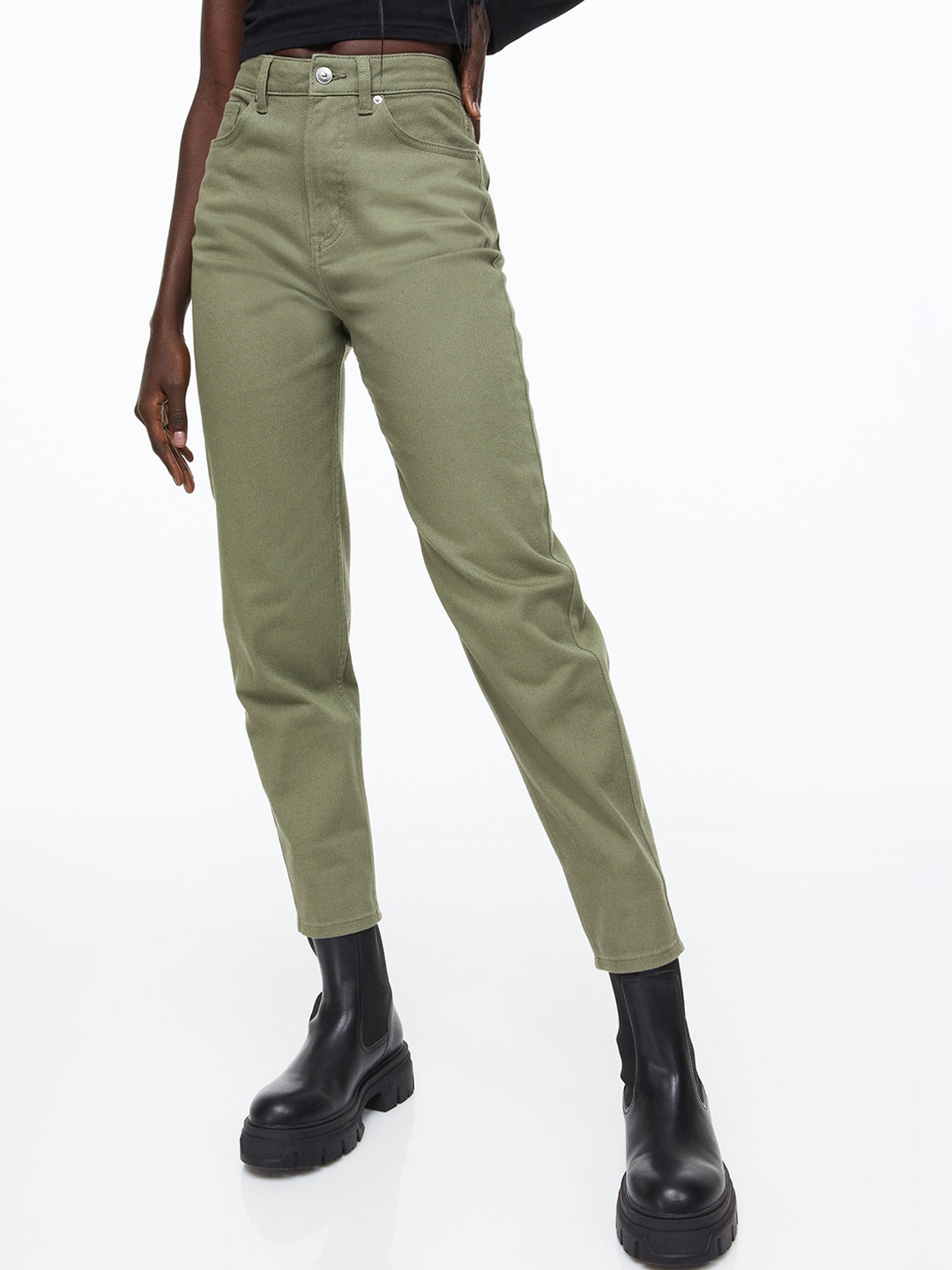 

H&M Women Mom Loose Fit Twill trousers, Olive