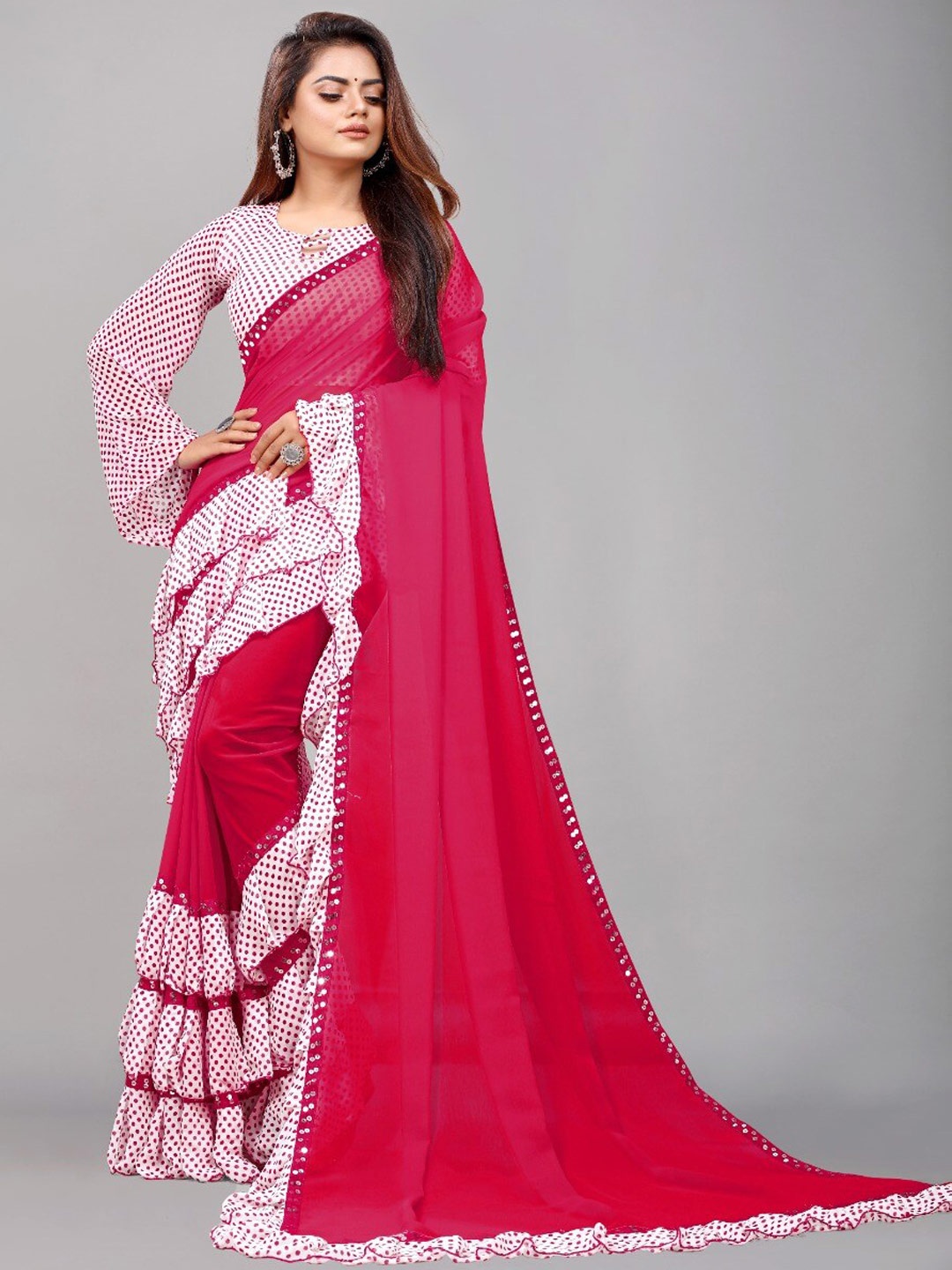 

TIEXA Ruffle Printed Border Saree, Pink
