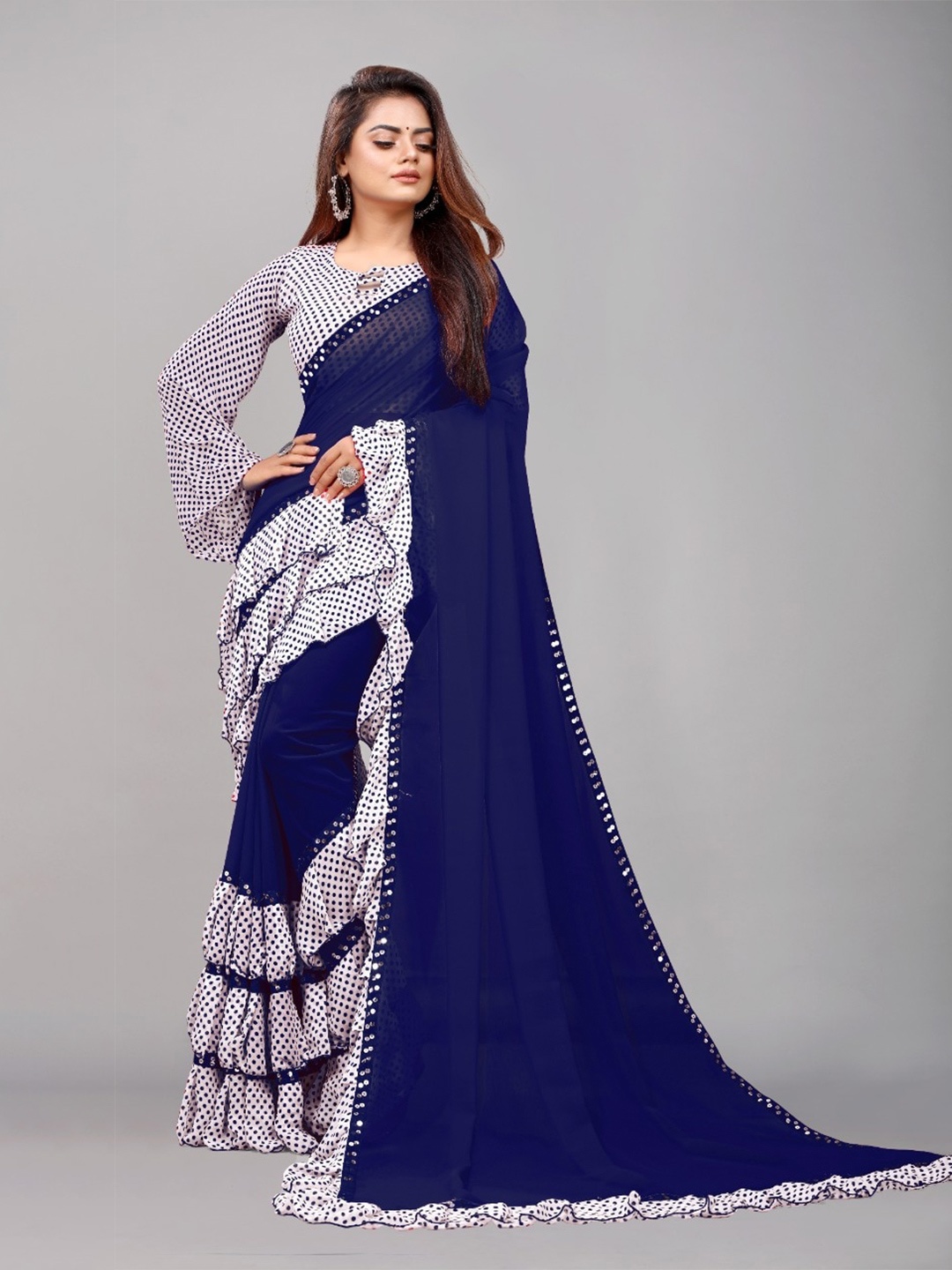 

TIEXA Ruffle Saree, Navy blue