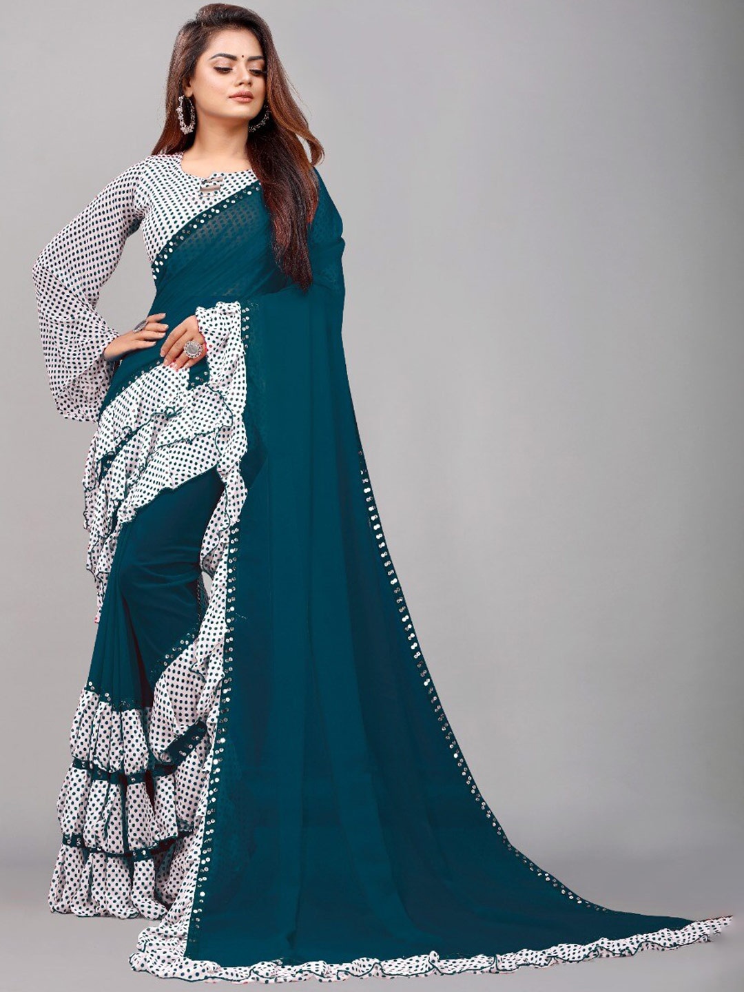 

TIEXA Teal Polka Dots Print Mirror Work Saree