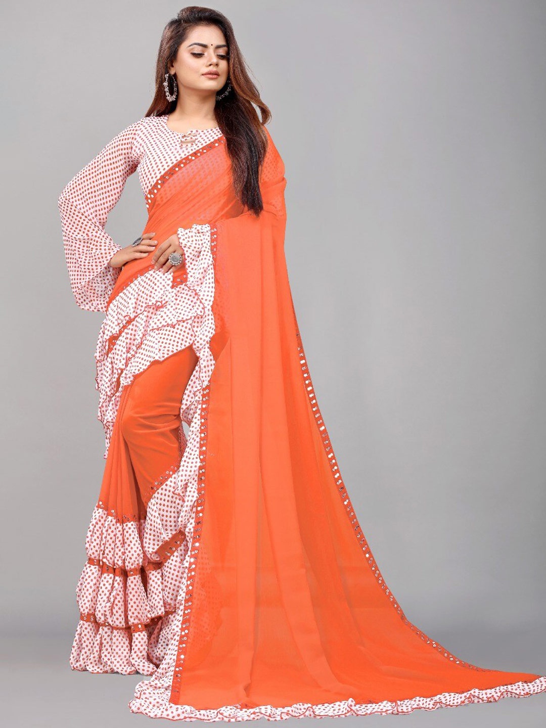 

TIEXA Ruffle Printed Border Saree, Orange