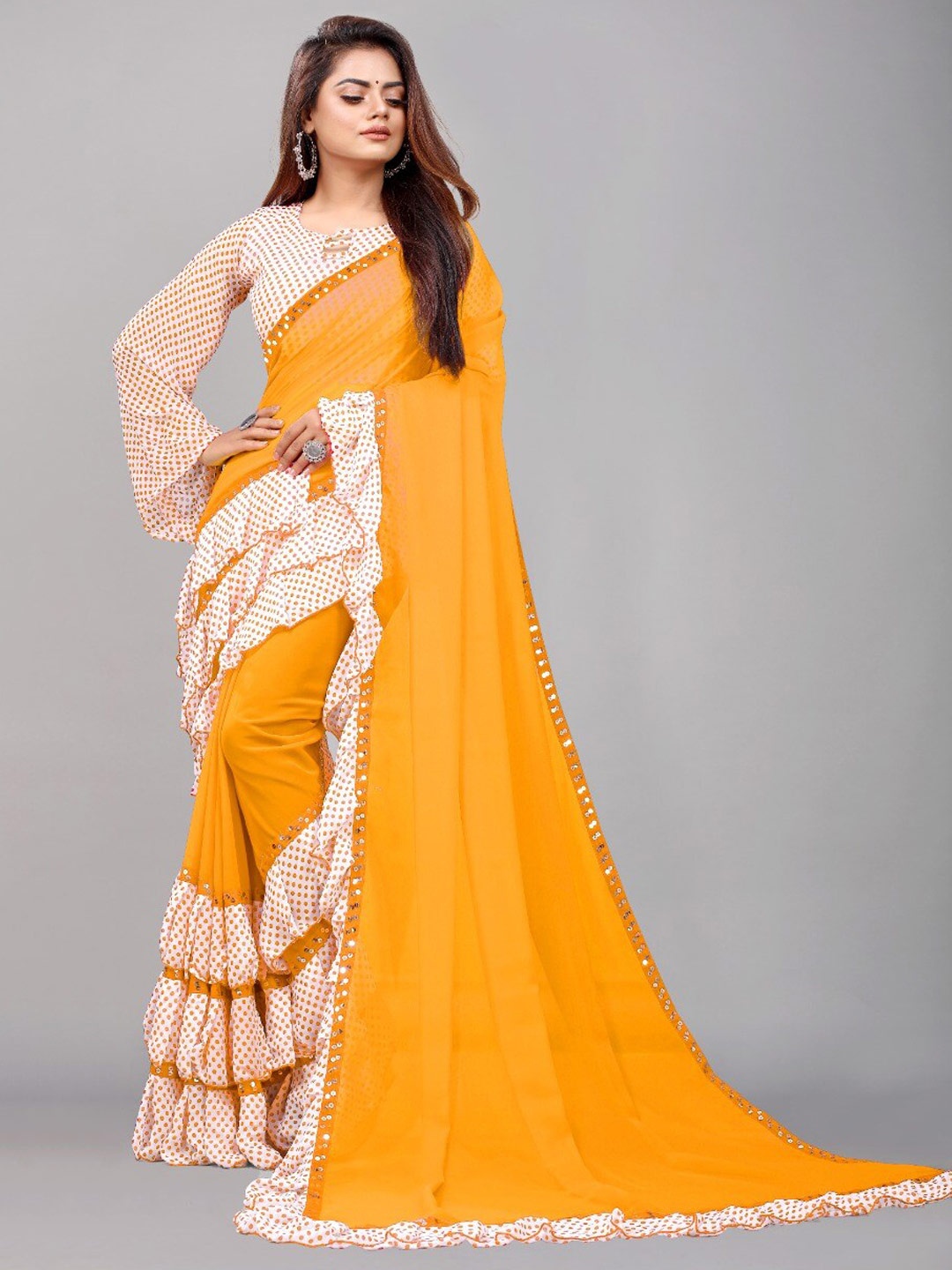 

TIEXA Ruffle Printed Border Saree, Yellow