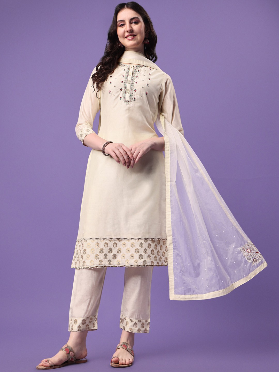 

Seerat Women Ethnic Motifs Embroidered Chanderi Silk Kurta with Trousers & Dupatta, Cream