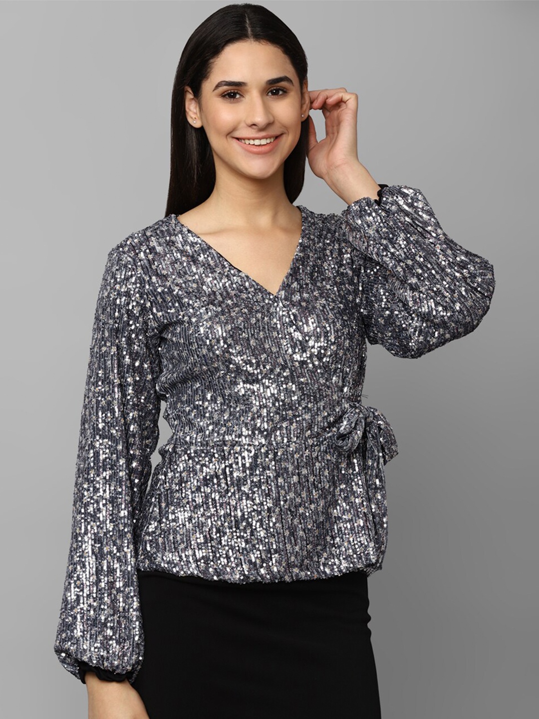 

Allen Solly Woman Embellished Wrap Top, Grey