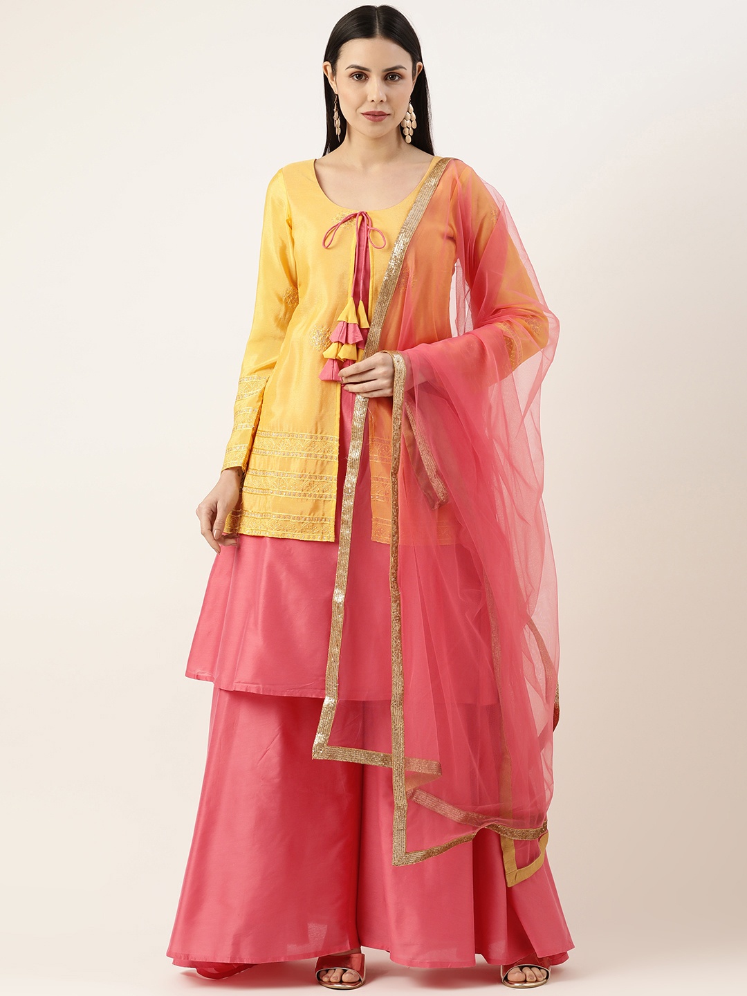 

Ethnovog Ethnic Motifs Embroidered Layered Kurta With Palazzos & Dupatta, Yellow