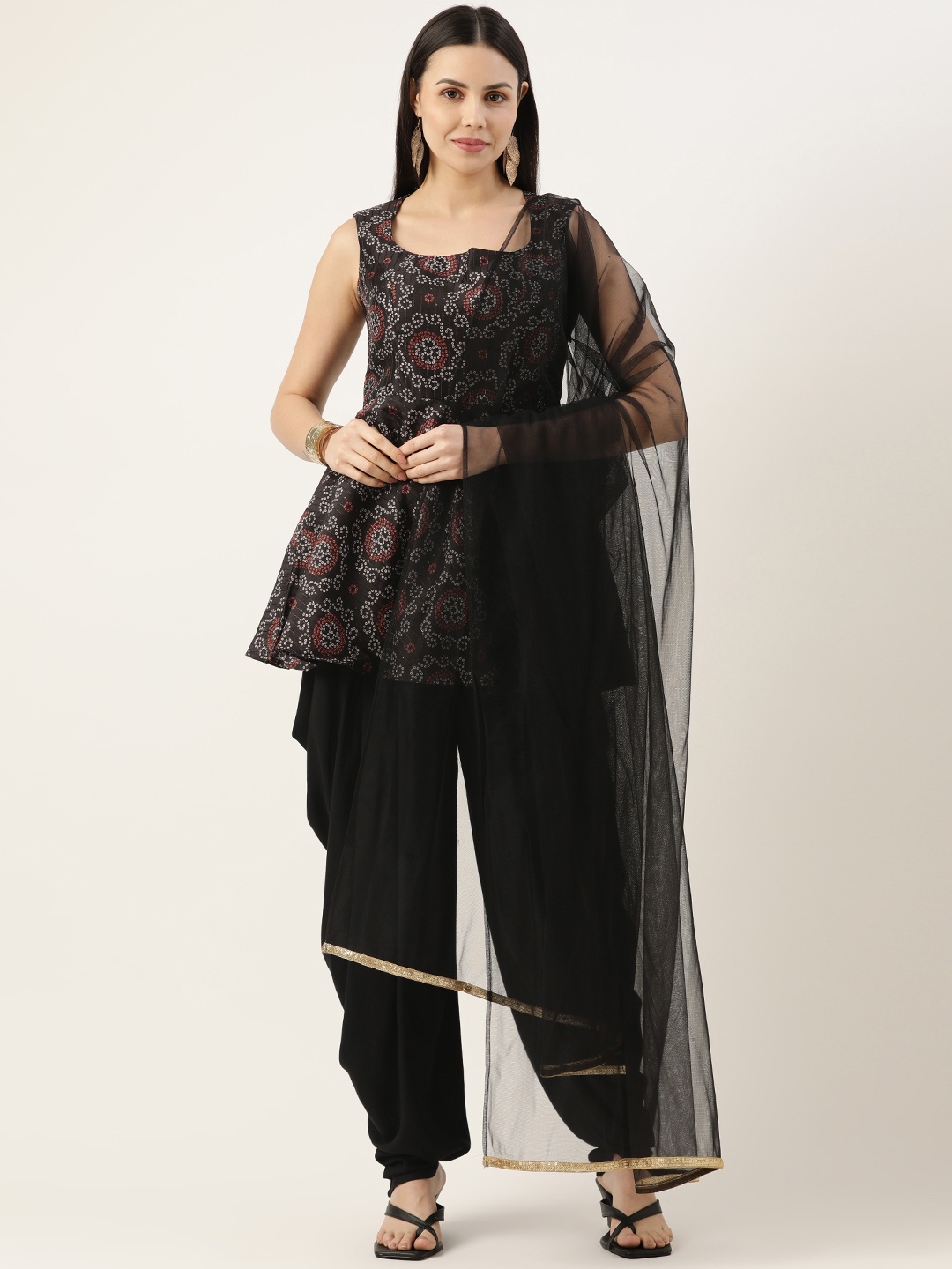 

Ethnovog Bandhani Embroidered Pleated Sequinned Kurti with Dhoti Pants & With Dupatta, Black
