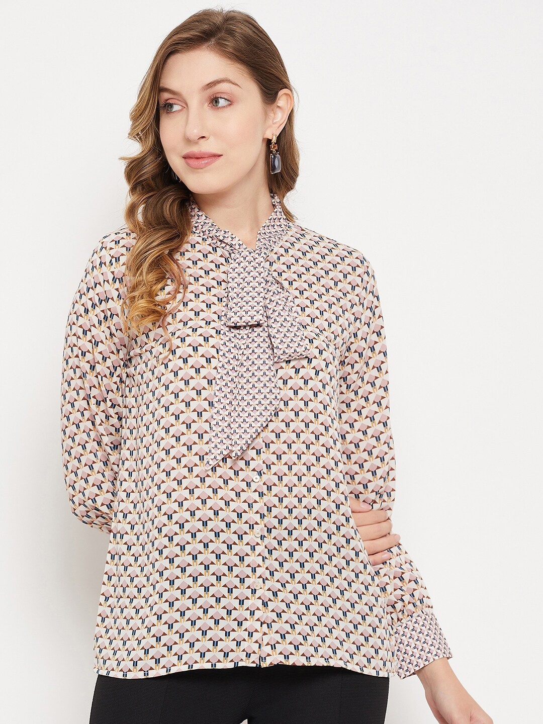 

Madame Geometric Print Tie-Up Neck Top, Off white