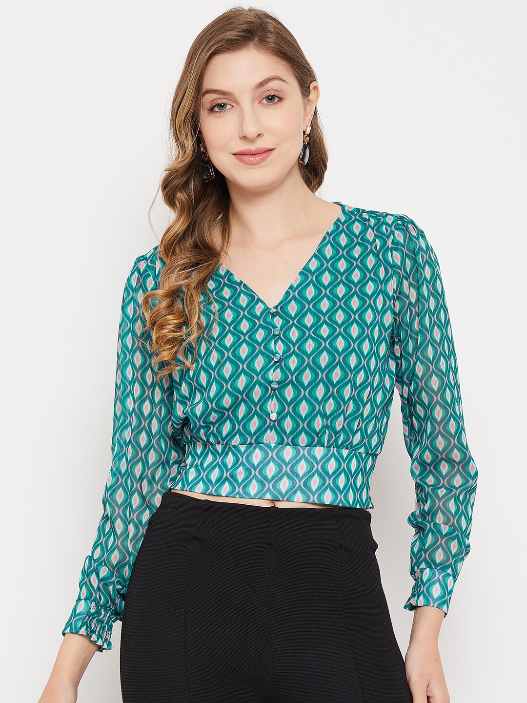 

Madame Geometric Print Crop Top, Green
