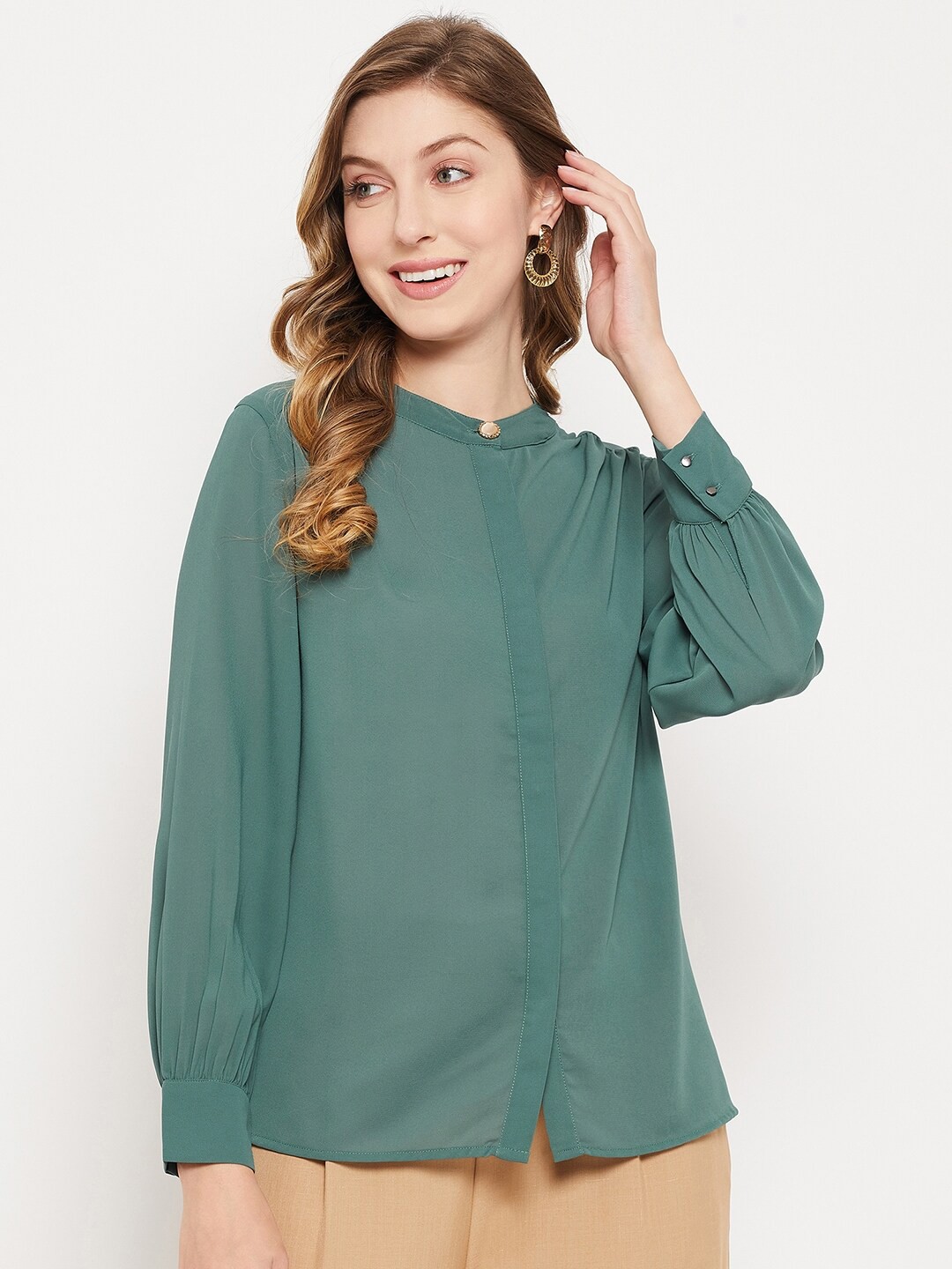 

Madame Cuffed Sleeve Round Neck Top, Green