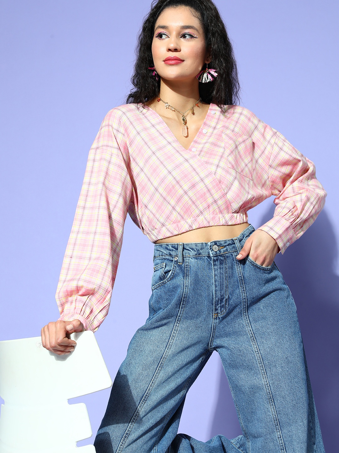 

Berrylush Women Checked Crepe Wrap Crop Top, Pink