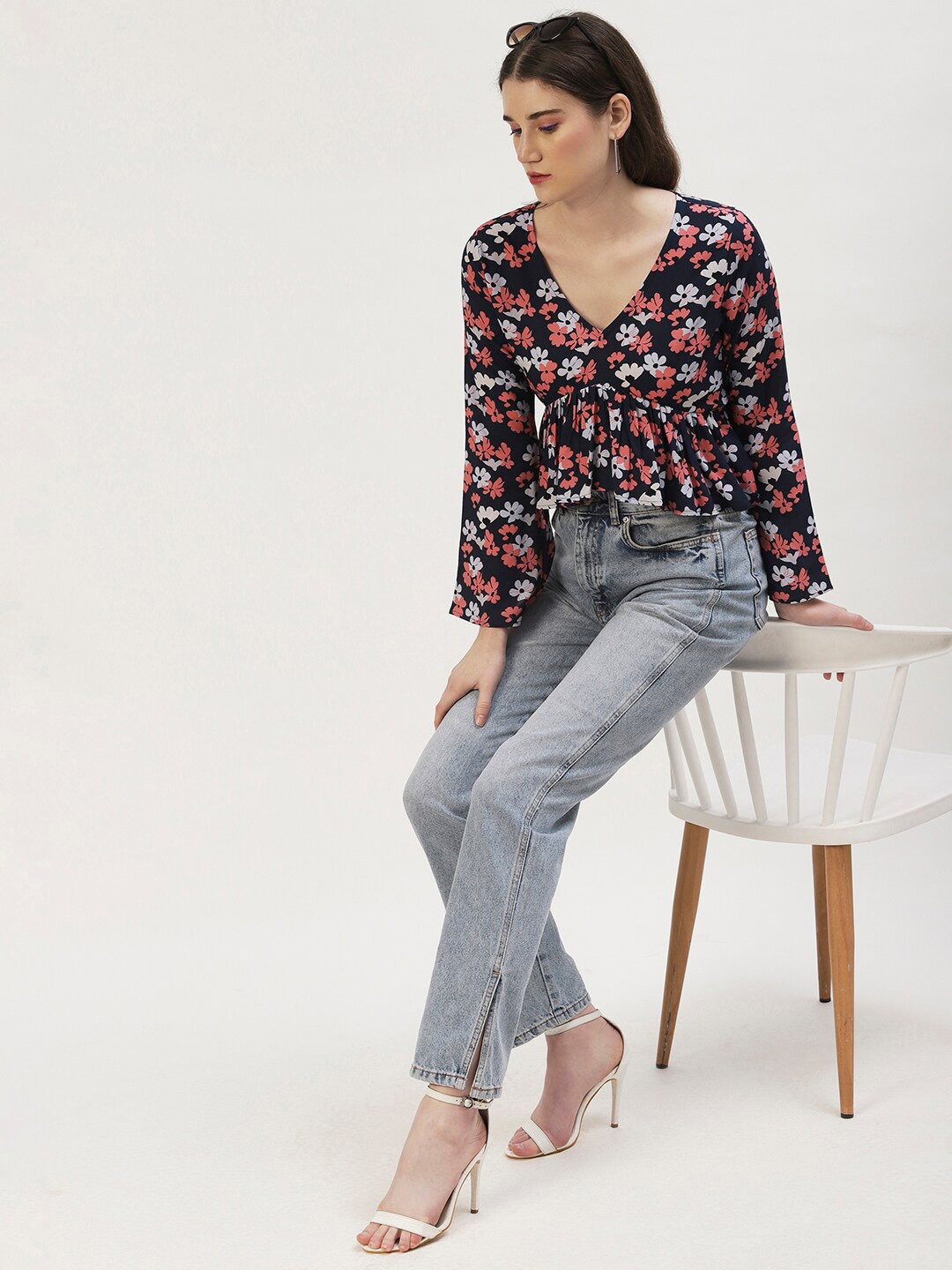 

DressBerry Floral Print Wrap Crop Top, Navy blue