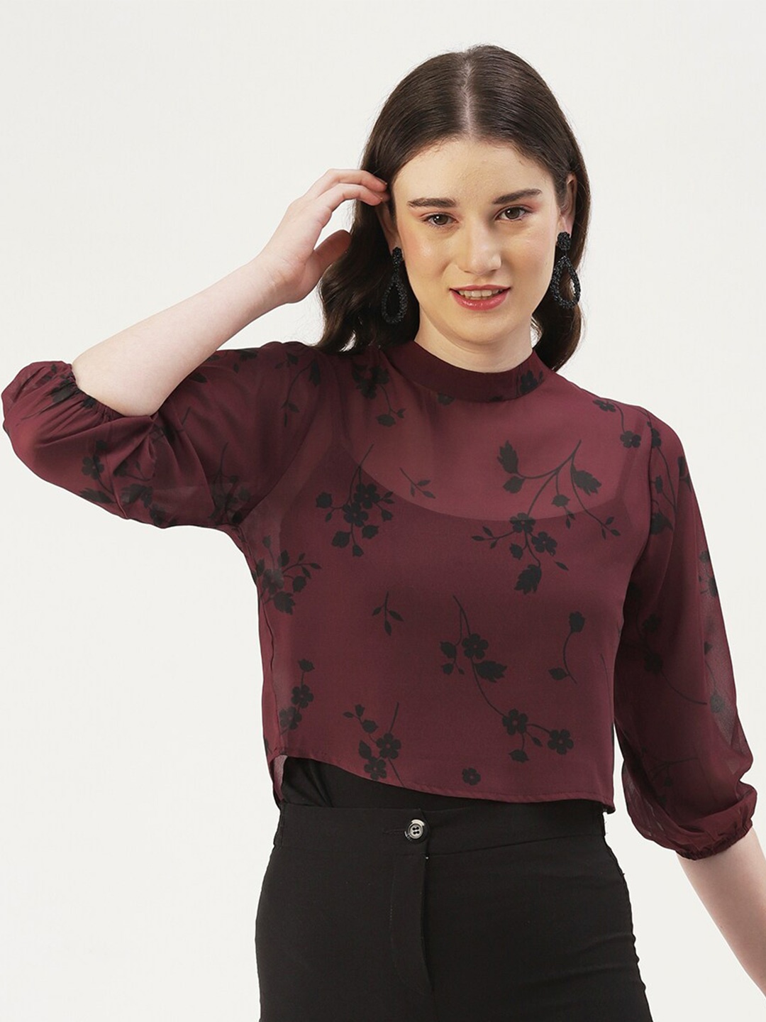 

DressBerry Floral Printed Georgette Top, Maroon