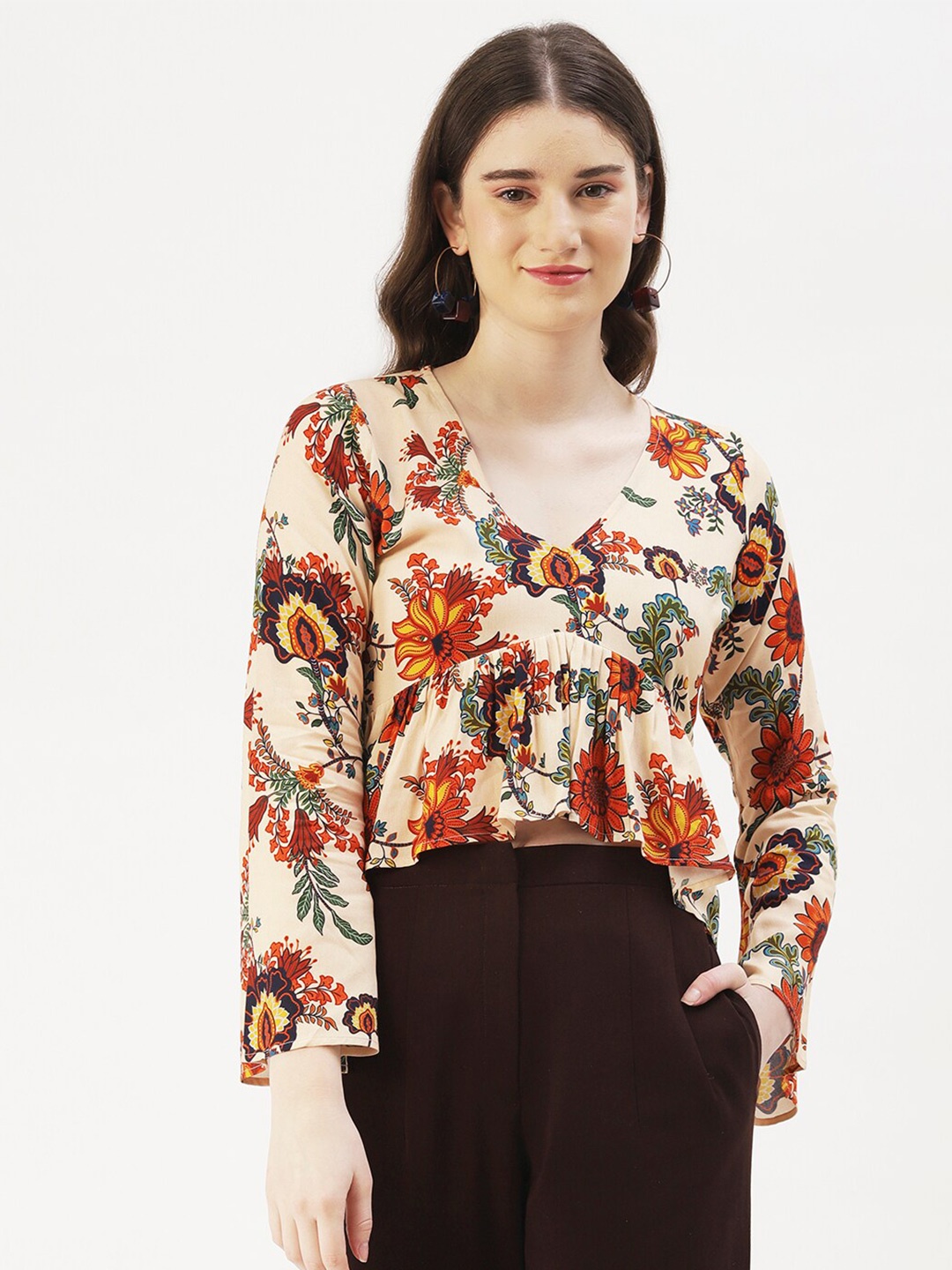 

DressBerry Floral Print V-Neck Top, Cream