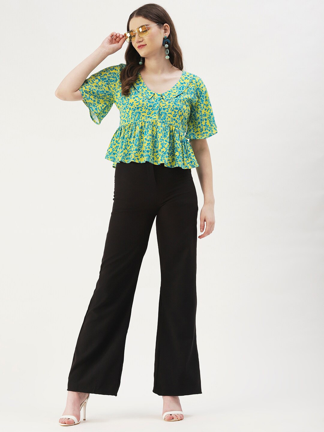 

DressBerry Floral Print Cinched Waist Top, Yellow