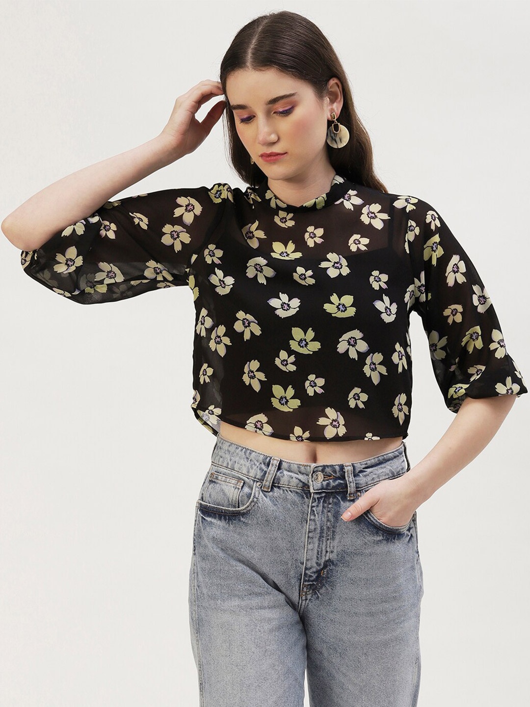 

DressBerry Floral Printed Georgette Crop Top, Black