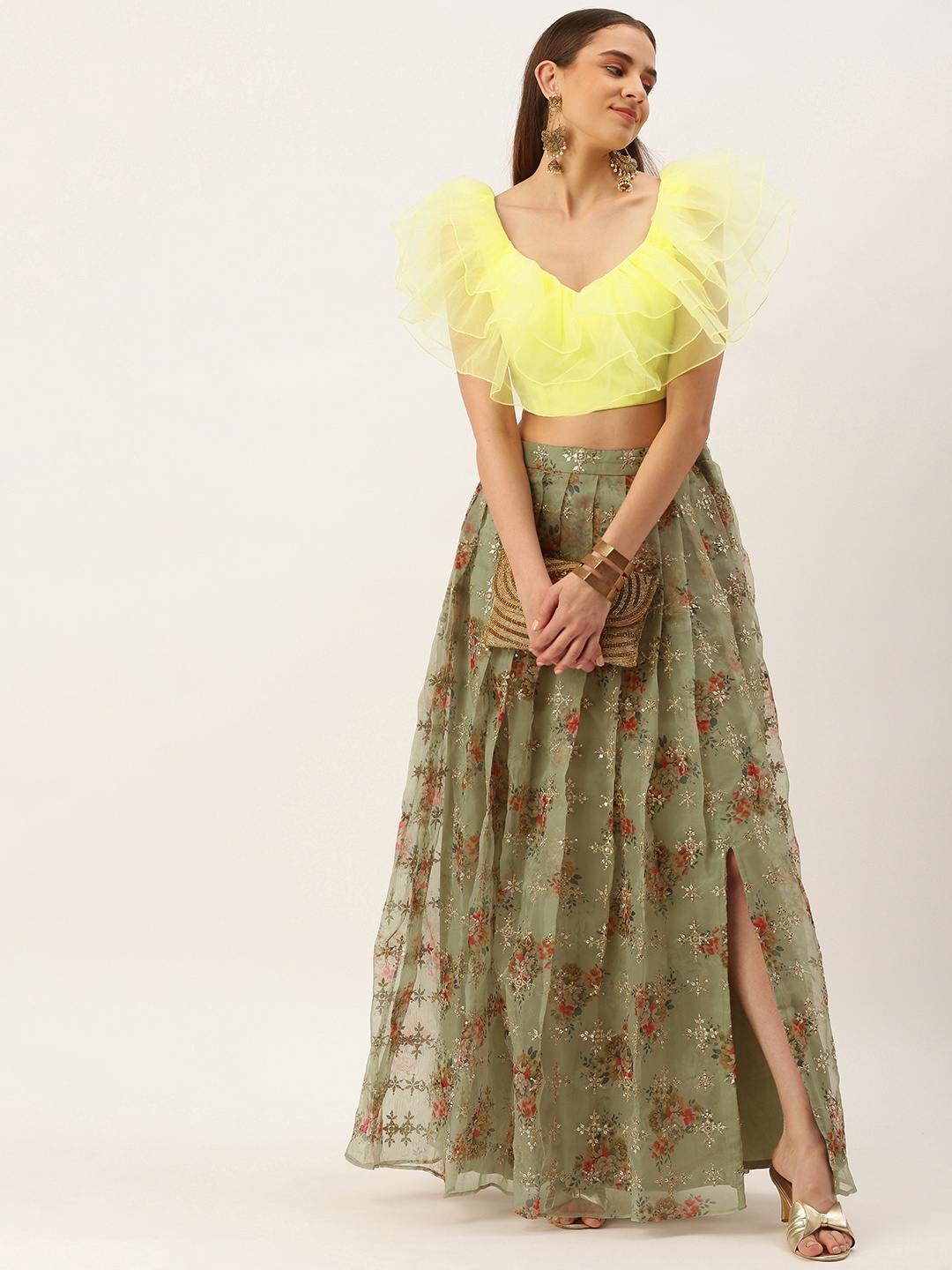 

Ethnovog Embroidered Sequinned Ready To Wear Lehenga Choli, Yellow