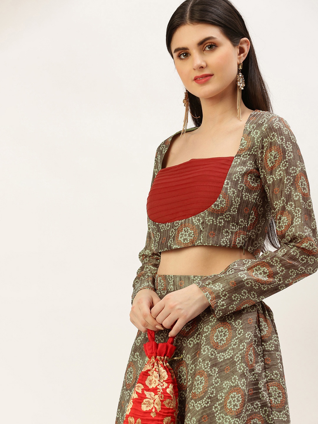 

Ethnovog Printed Thread Work Ready To Wear Lehenga Choli, Grey