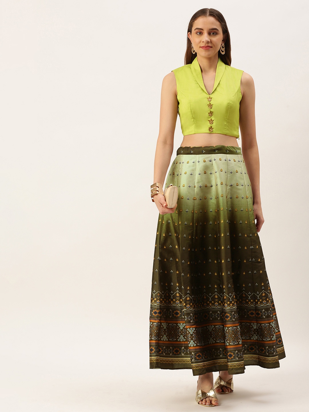 

Ethnovog Green & Bronze-Toned Dyed Ready to Wear Lehenga & Choli