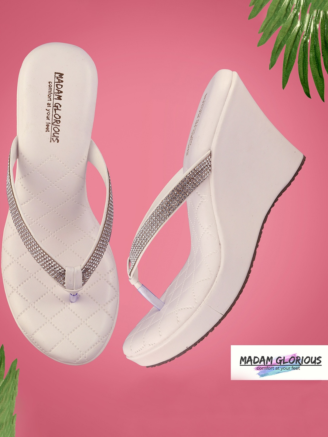 

madam glorious Embellished Ethnic Wedge Sandals, White