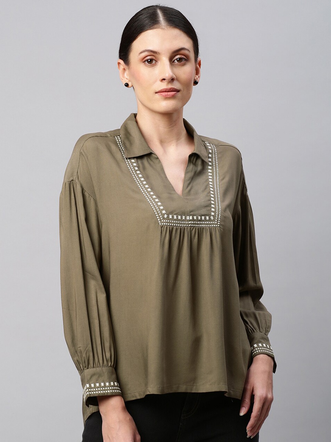 

Chemistry Geometric Embroidered Tunic Top, Olive