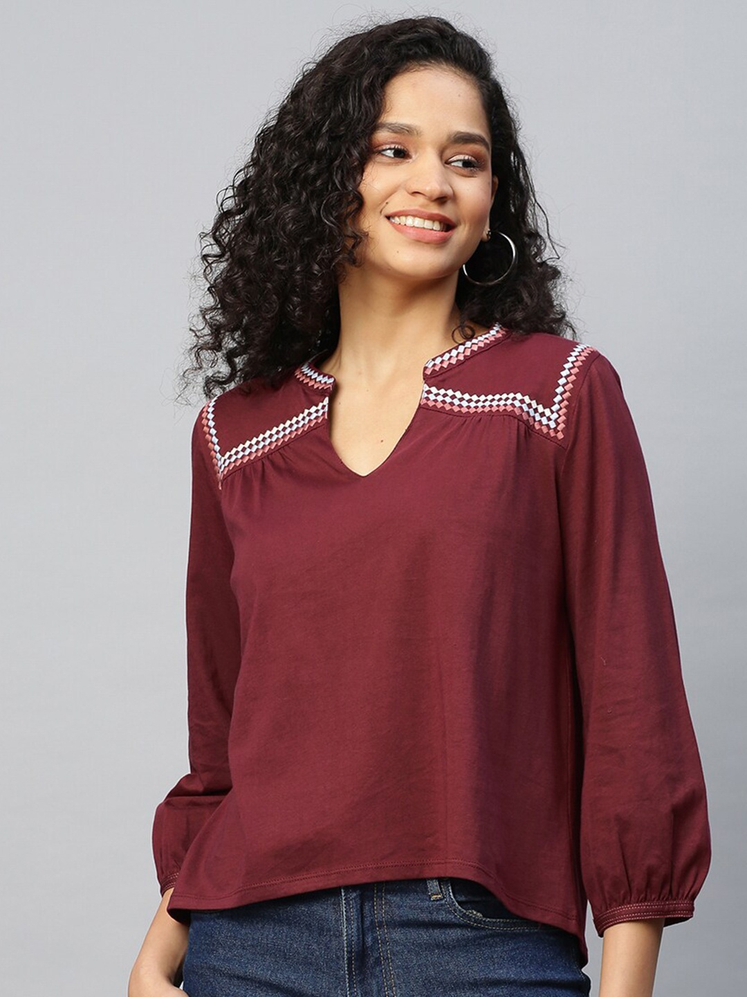 

Chemistry Mandarin Collar Top, Burgundy