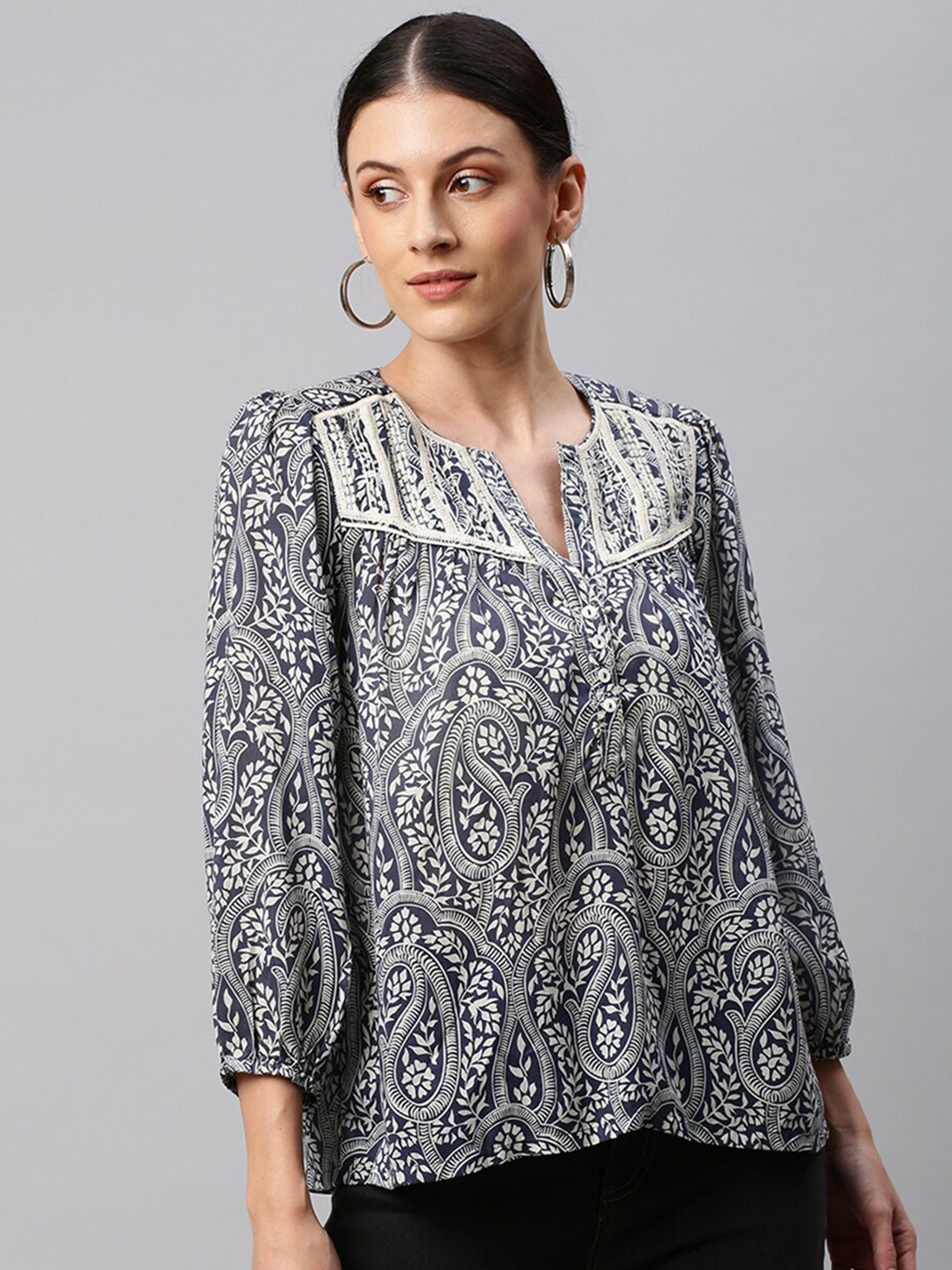 

Chemistry Ethnic Print Notch V-Neck Top, Navy blue