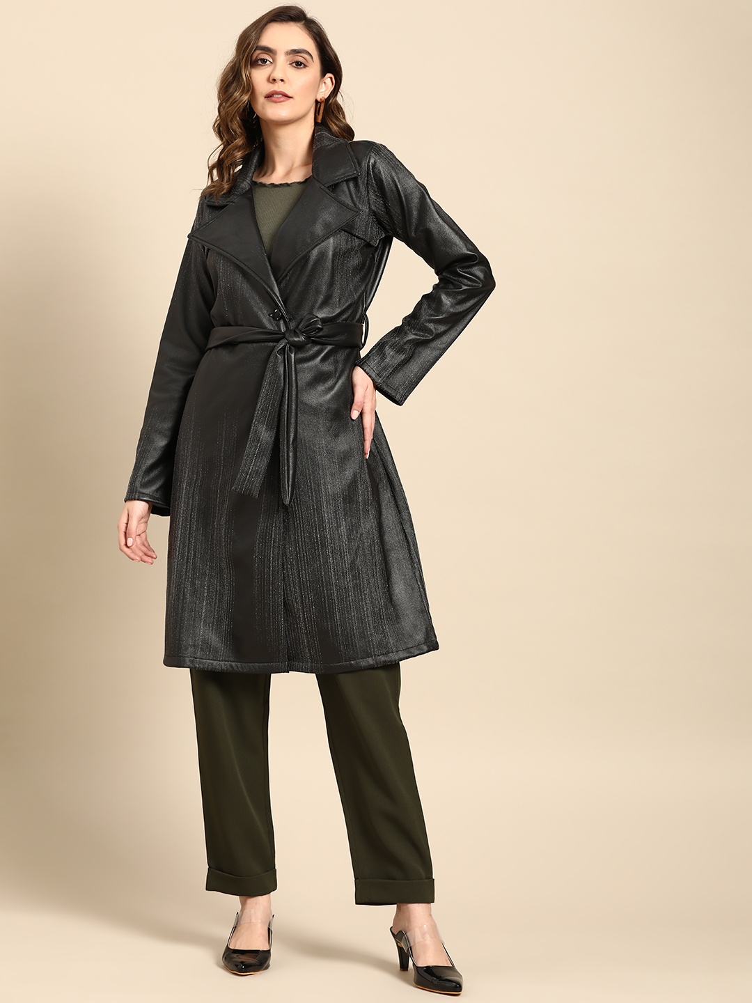 

Athena Women Solid Overcoat With Belt, Black
