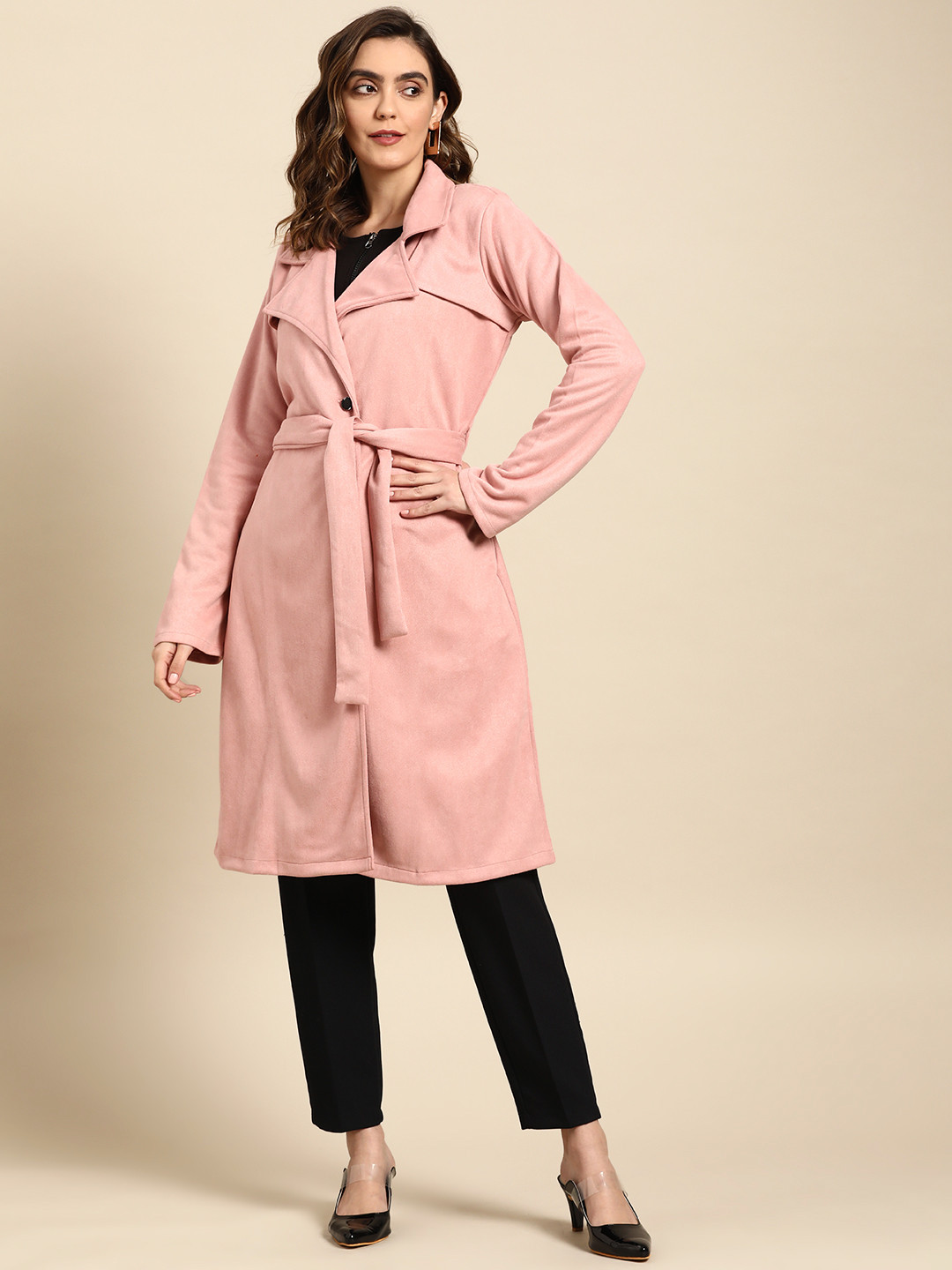 

Athena Women Suede Overcoat With Belt, Pink