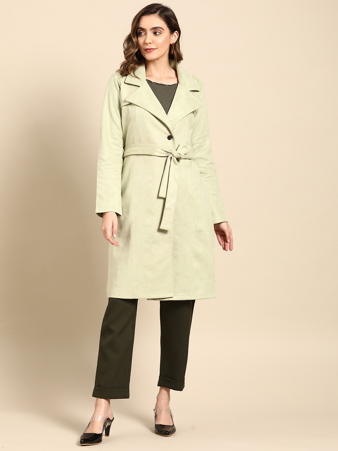 

Athena Women Suede Overcoat With Belt, Green