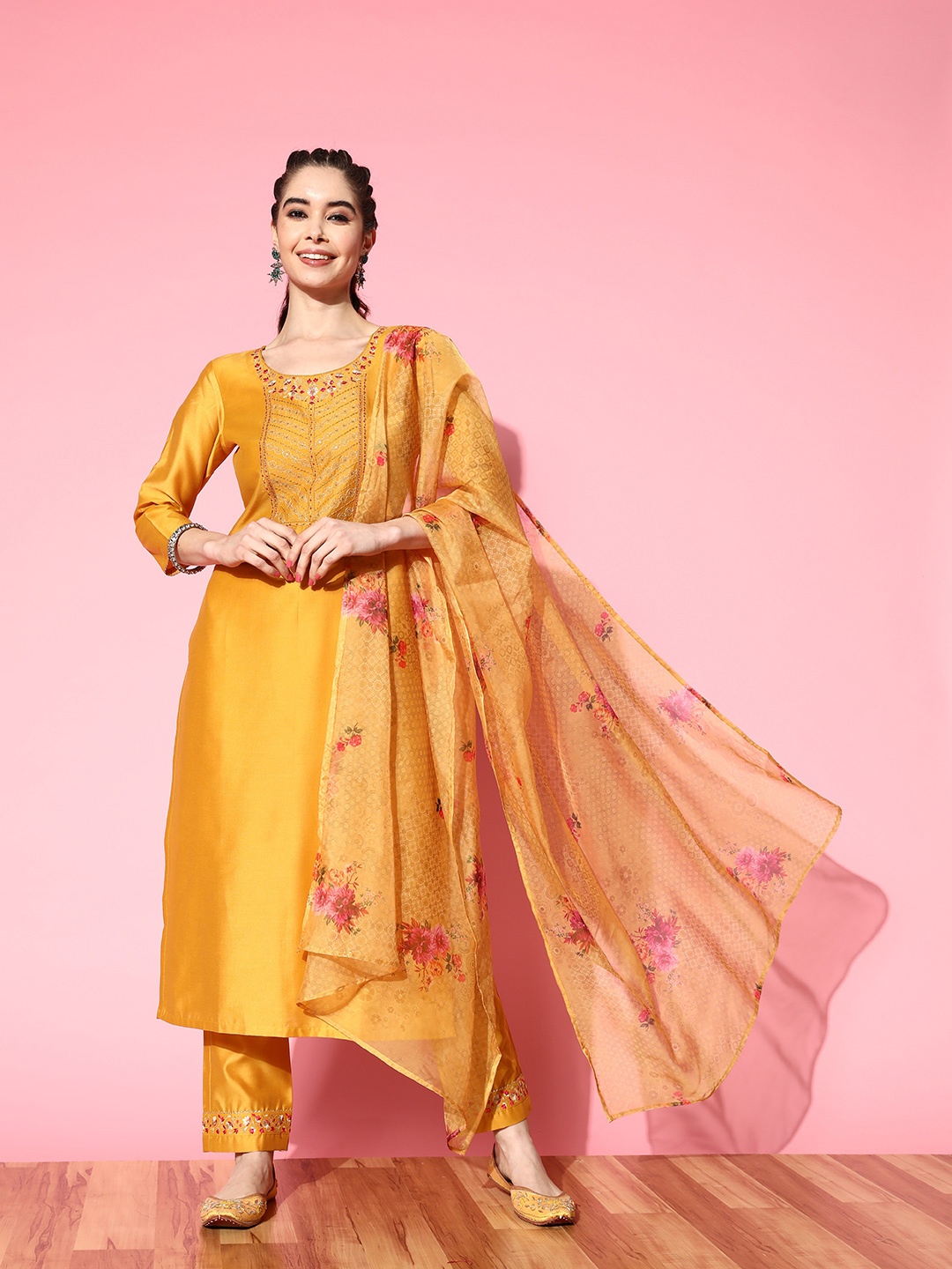 

SheWill Women Floral Zari Embroidered Sequinned Kurta with Trousers & Dupatta, Yellow