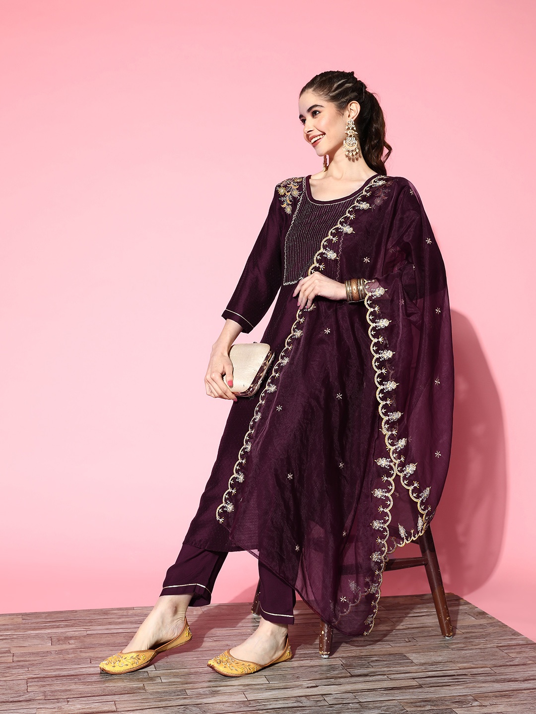 

SheWill Women Floral Zari Embroidered Sequinned Kurta with Trousers & Dupatta Set, Purple