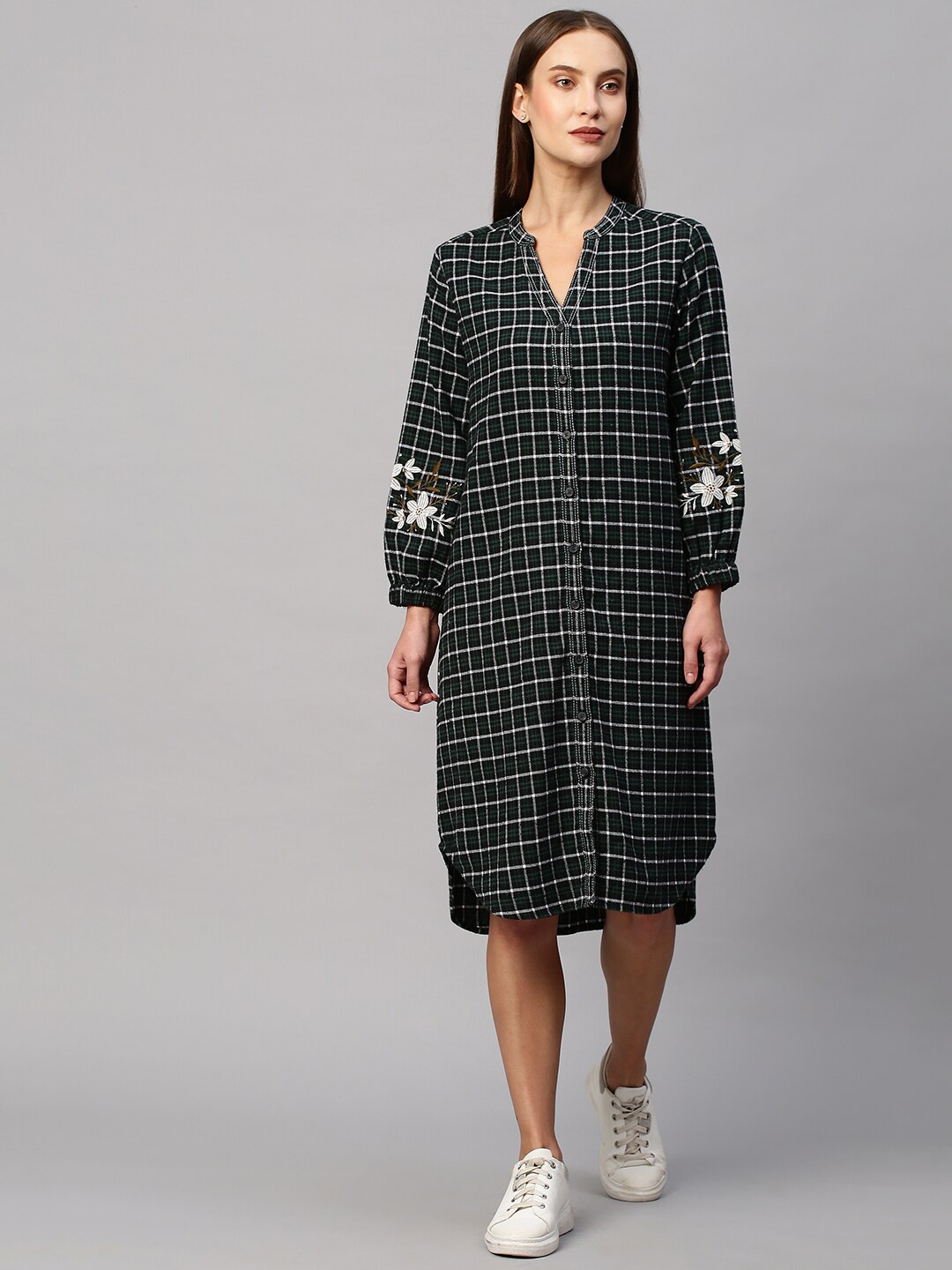 

Chemistry Mandarin Collar Puff Sleeves Checked Shirt Dress, Green