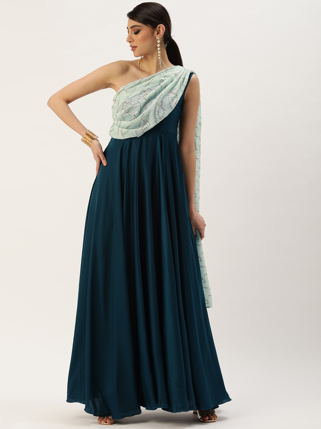 

Ethnovog Blue One Shoulder Satin Ethnic Maxi Dress