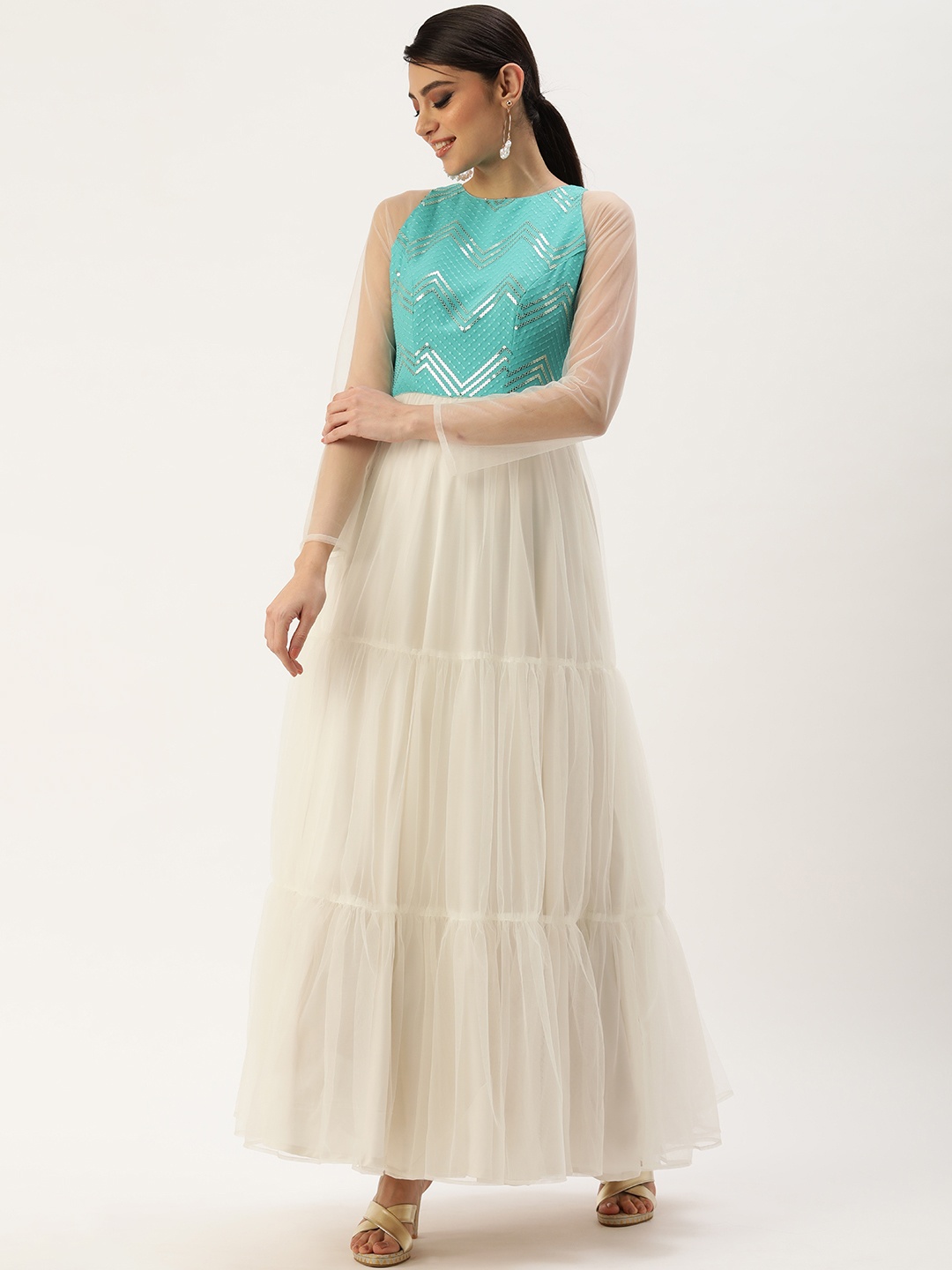 

Ethnovog White Ethnic Motifs Net Ethnic A-Line Maxi Dress