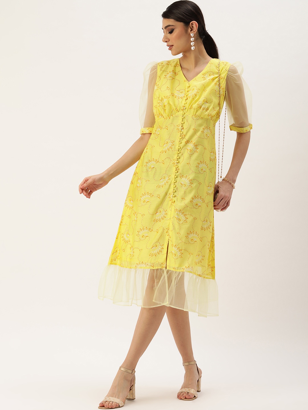 

Ethnovog Yellow Floral Ethnic A-Line Midi Dress