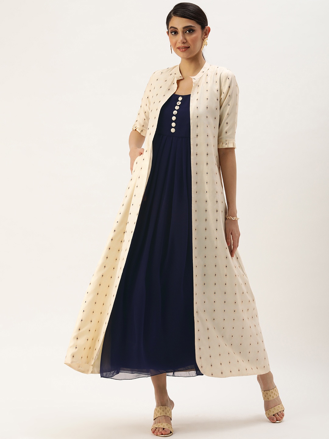 

Ethnovog Navy Blue & Cream-Coloured Layered Georgette Ethnic A-Line Maxi Dress