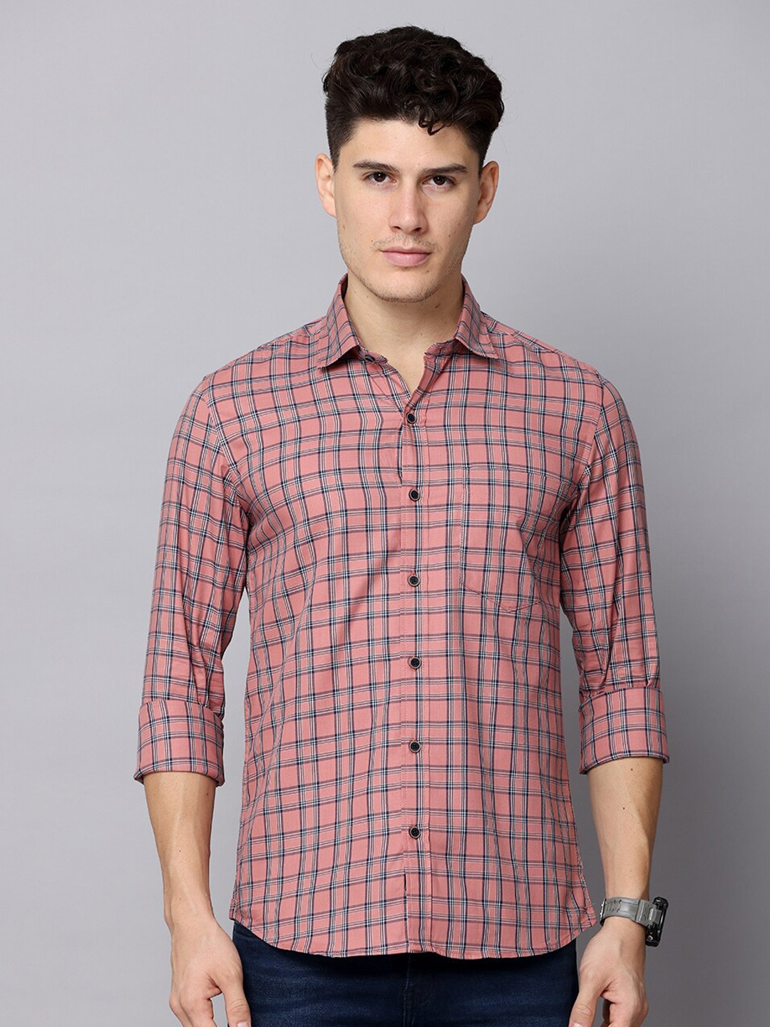 

FOGA Men Premium Tartan Checked Pure Cotton Casual Shirt, Peach