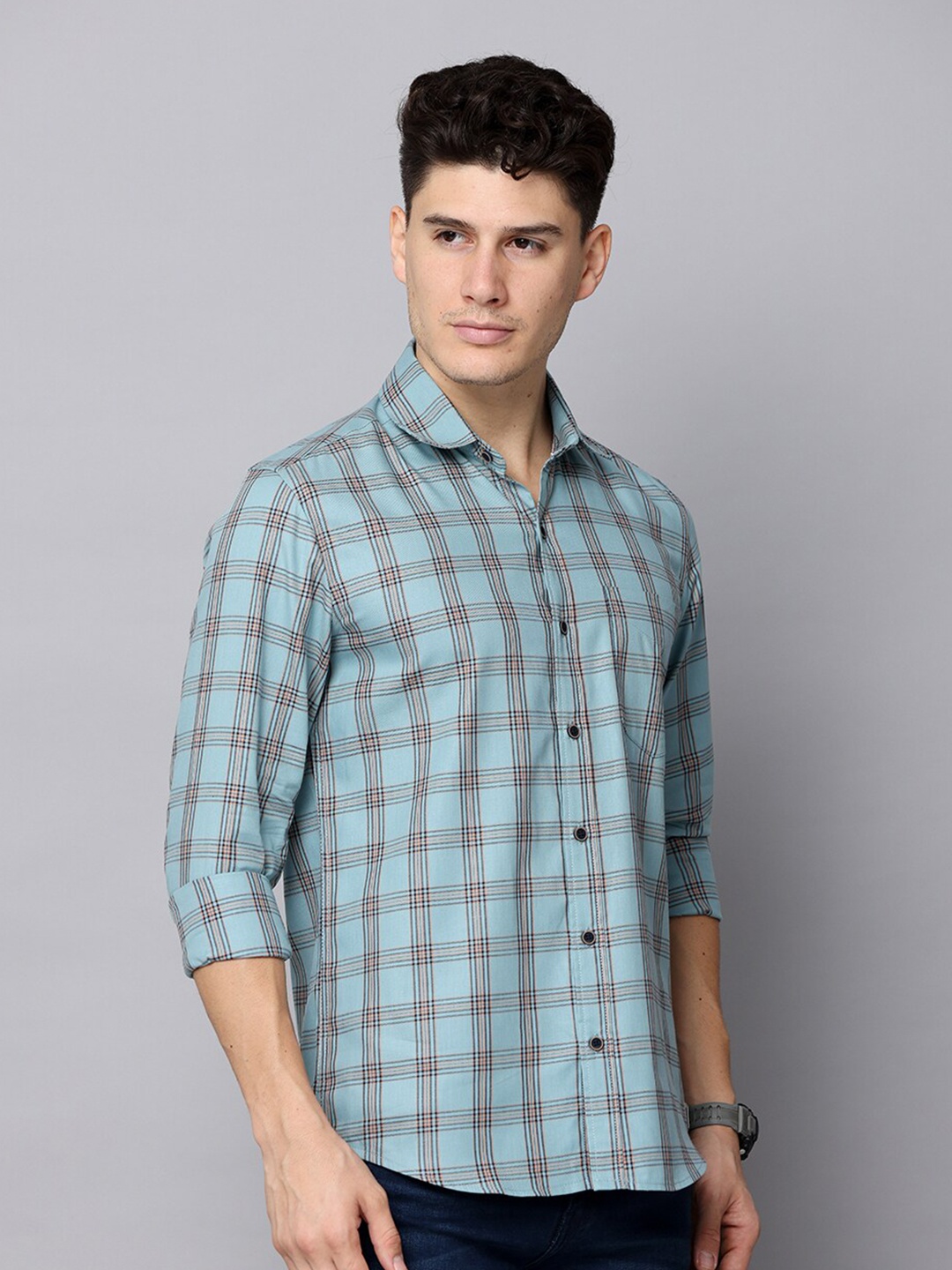 

FOGA Men Premium Checked Pure Cotton Casual Shirt, Teal