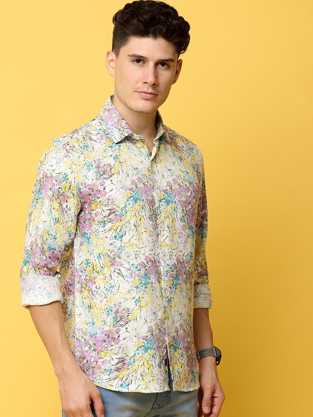 

FOGA Men Pure Cotton Premium Floral Printed Casual Shirt, Green