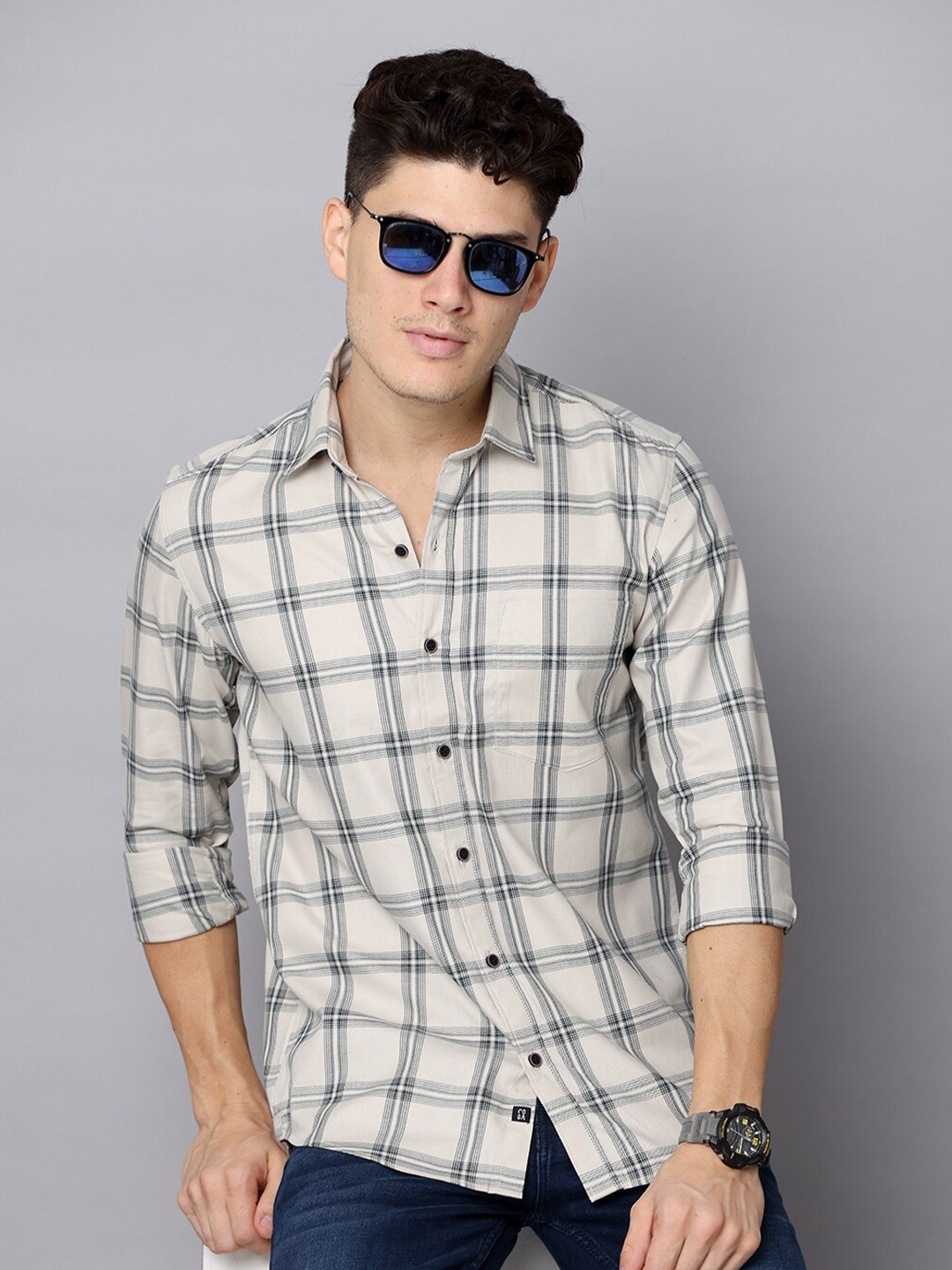 

FOGA Men Premium Tartan Checked Pure Cotton Casual Shirt, Grey